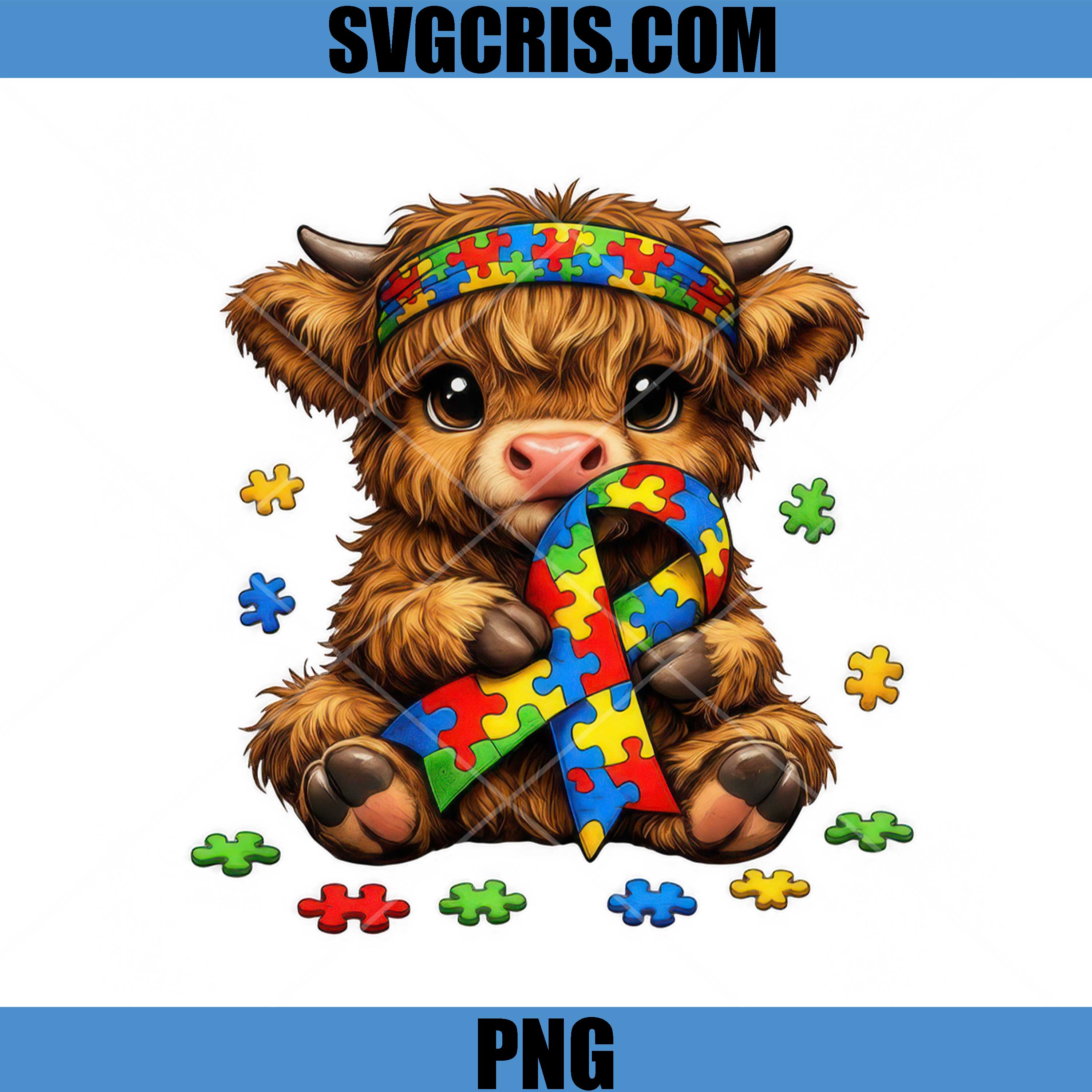 Autism Highland Cow Cute PNG, Calf Puzzle Ribbon PNG