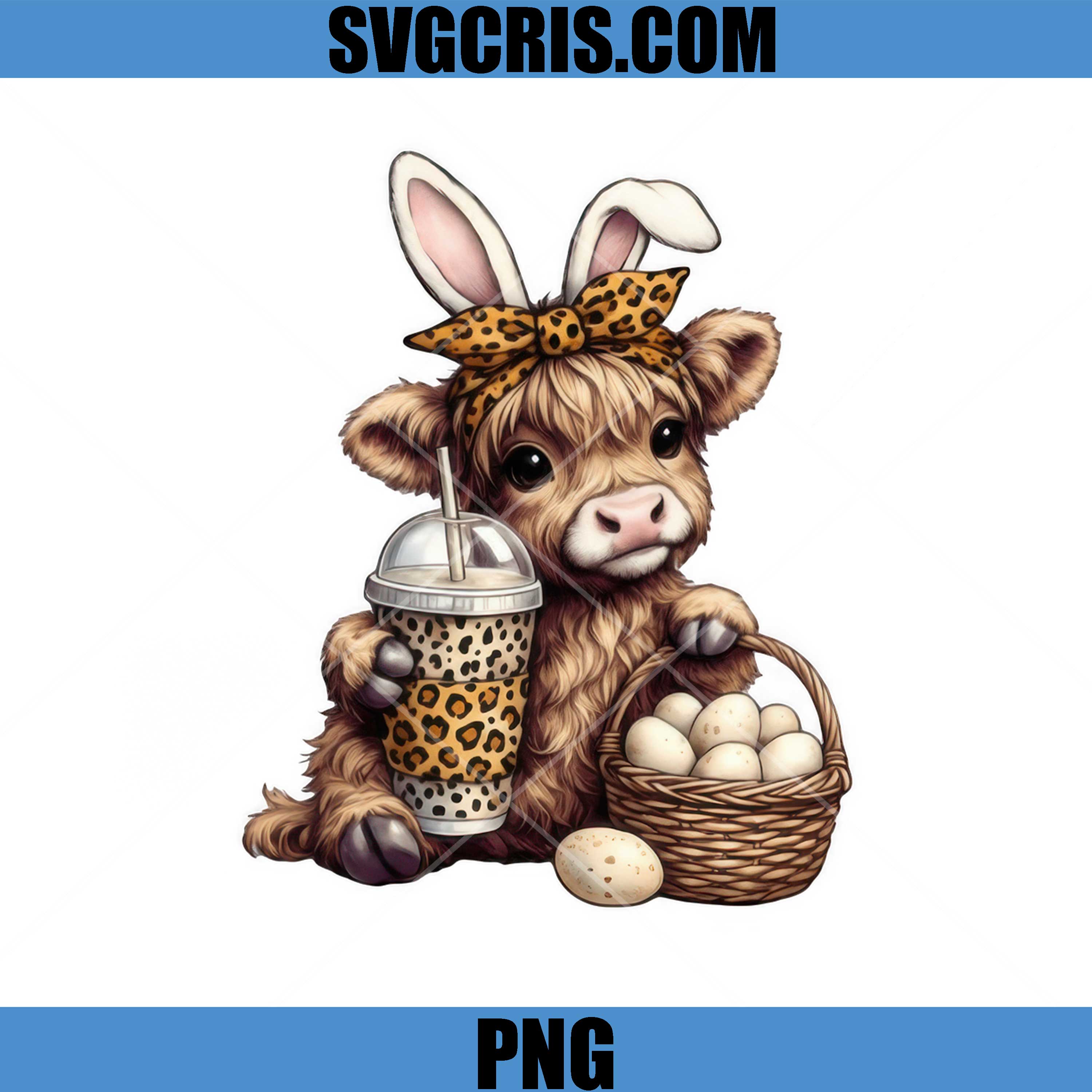 Cute Highland Cow Easter Bunny PNG, Baby Cow Easter PNG