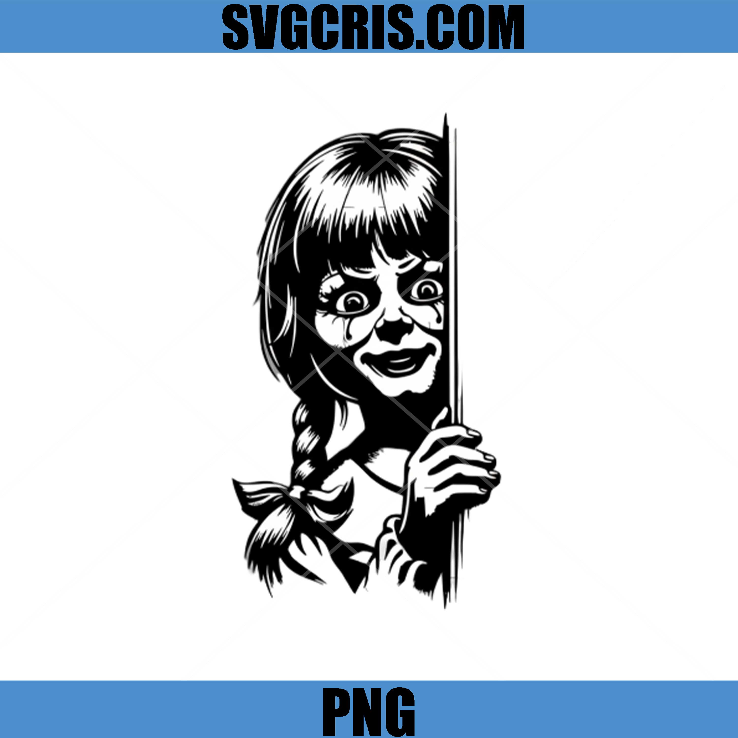 Annabelle Horror Doll Peeking Door PNG, Creepy Haunted Doll Face PNG