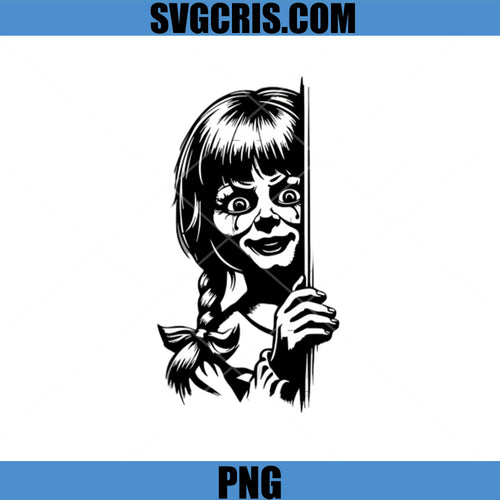 Annabelle Horror Doll Peeking Door PNG, Creepy Haunted Doll Face PNG