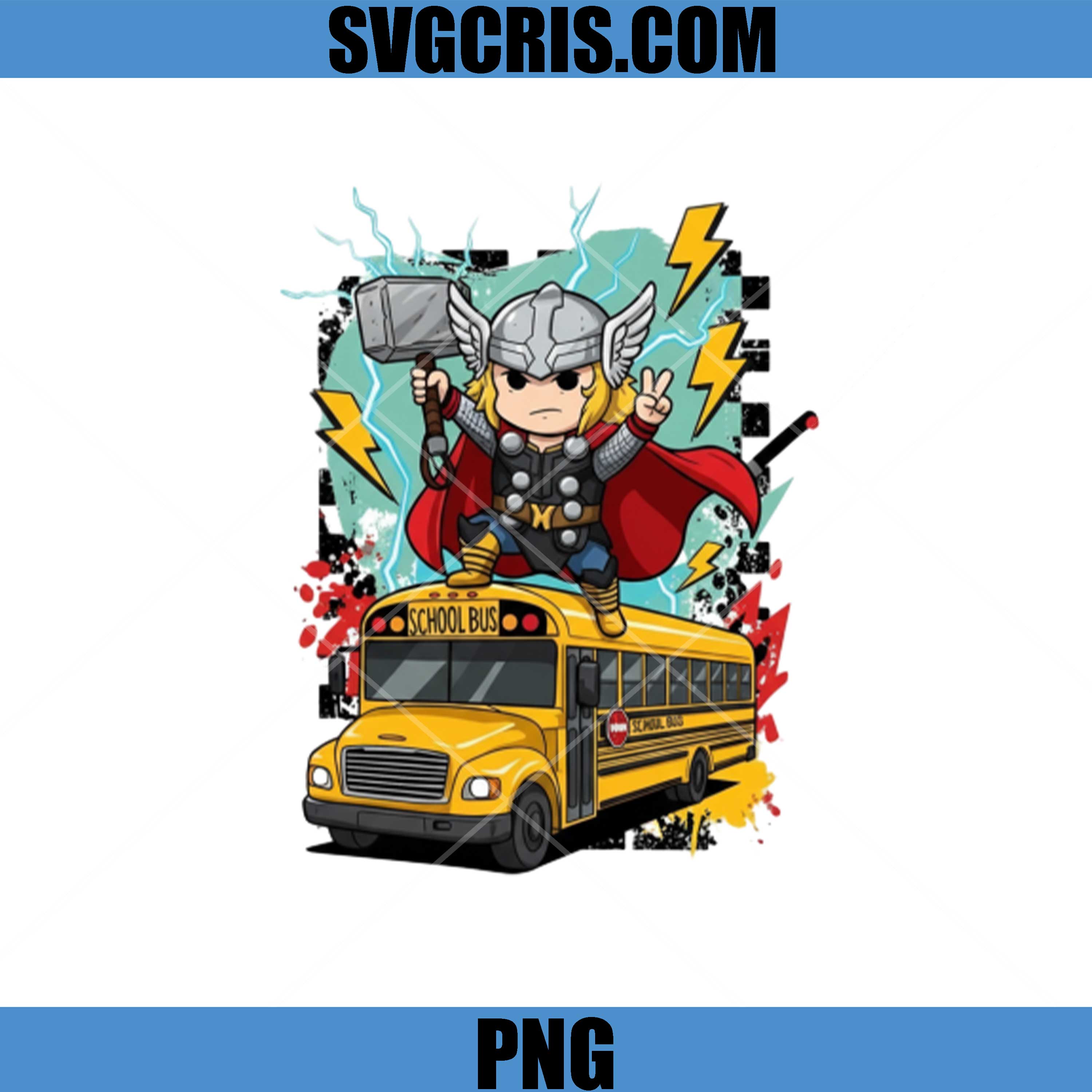 Thor Chibi Riding School Bus PNG, Marvel Thunder Hero Cartoon PNG