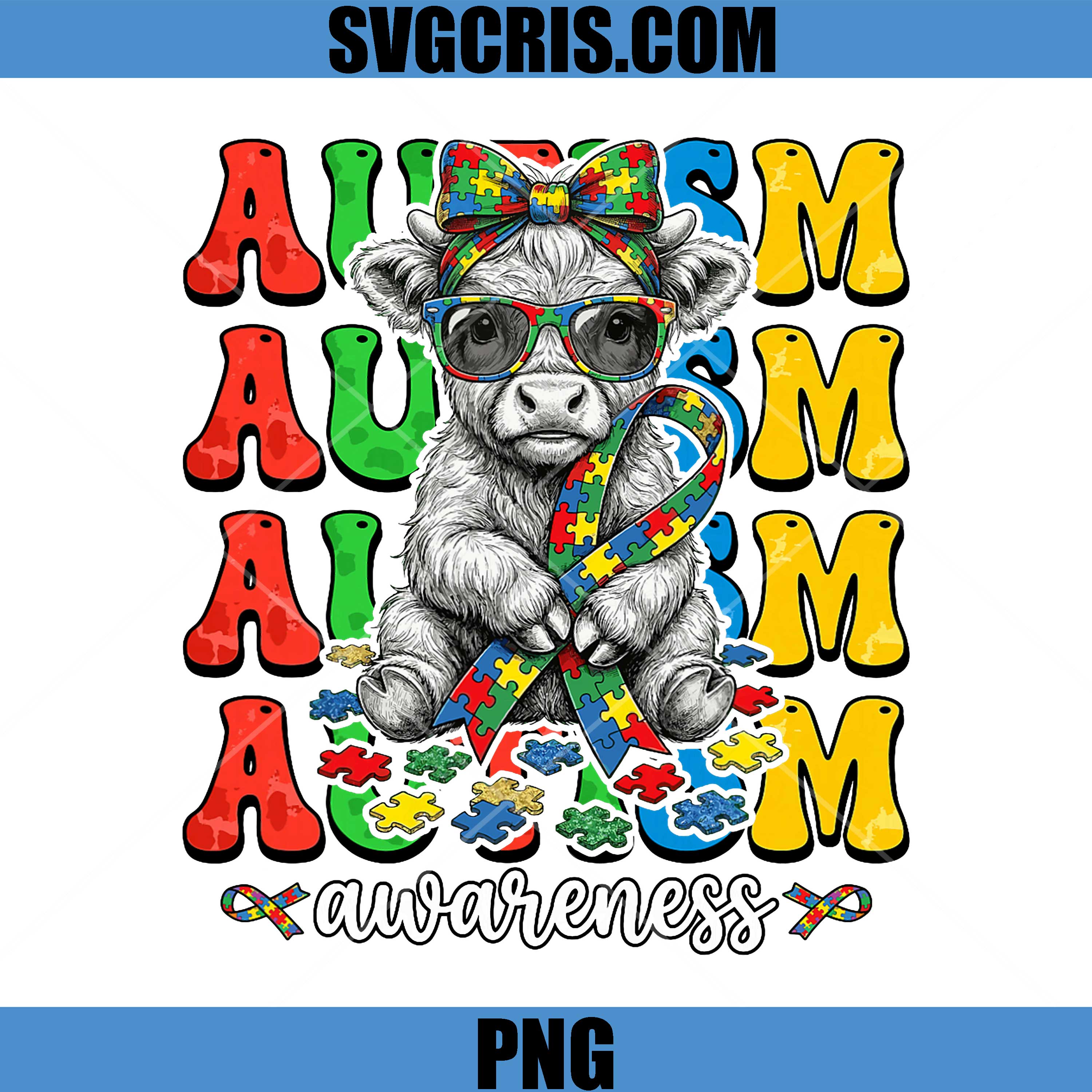 Autism Awareness Highland Cow PNG, Puzzle Ribbon Support PNG