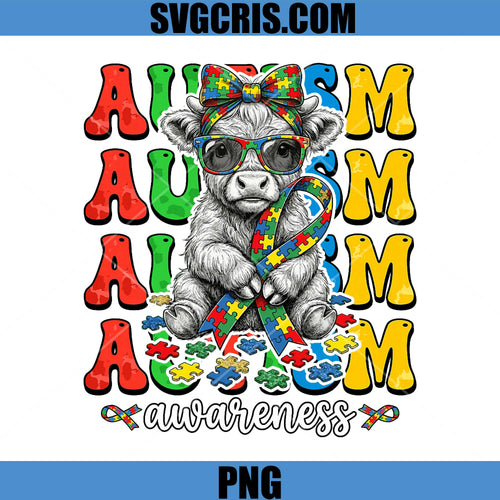 Autism Awareness Highland Cow PNG, Puzzle Ribbon Support PNG