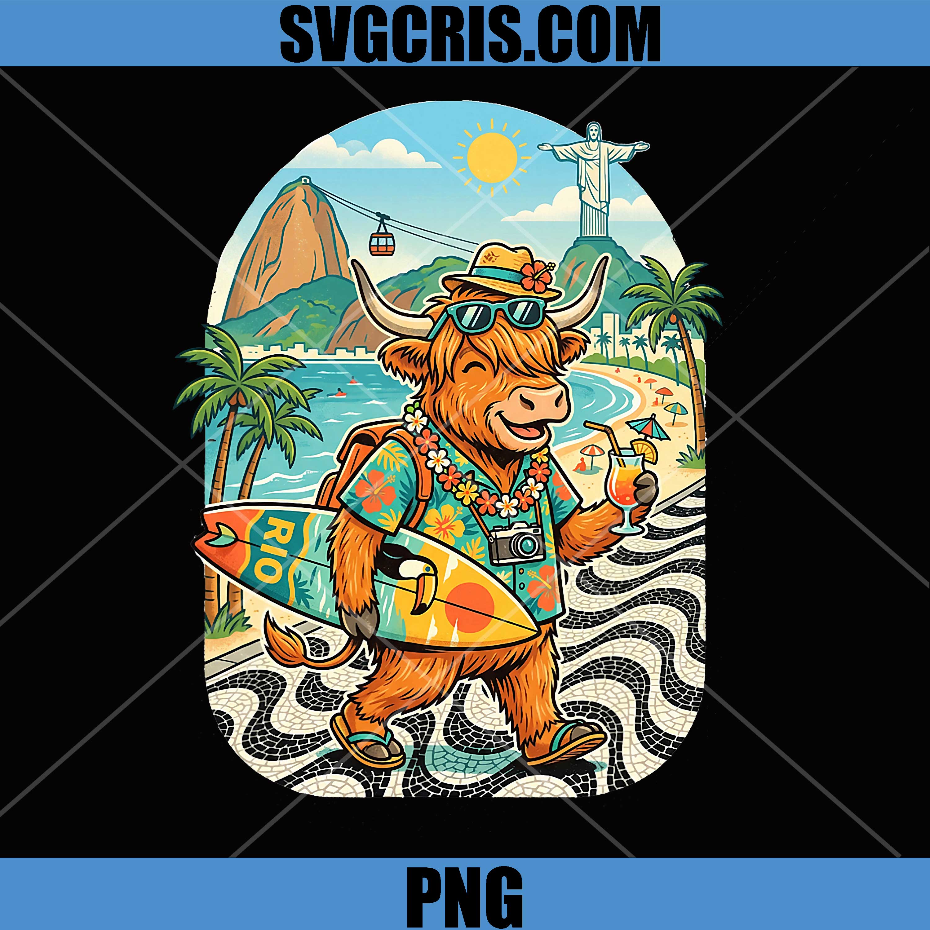 Funny Highland Cow Brazil PNG, Rio Travel Cowgirl Surfer Beach PNG