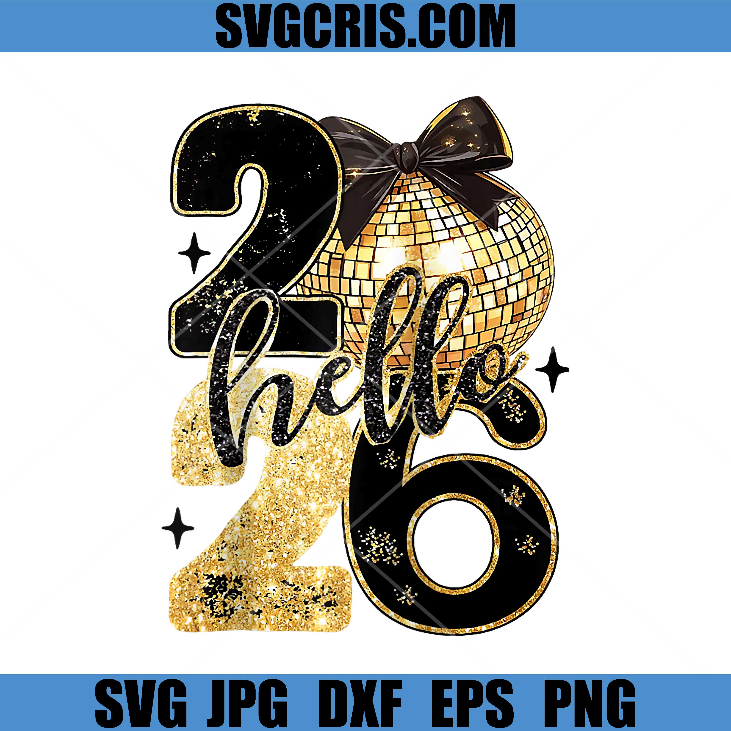 Hello 2026 Disco Ball PNG, Gold Black New Year Party Design PNG