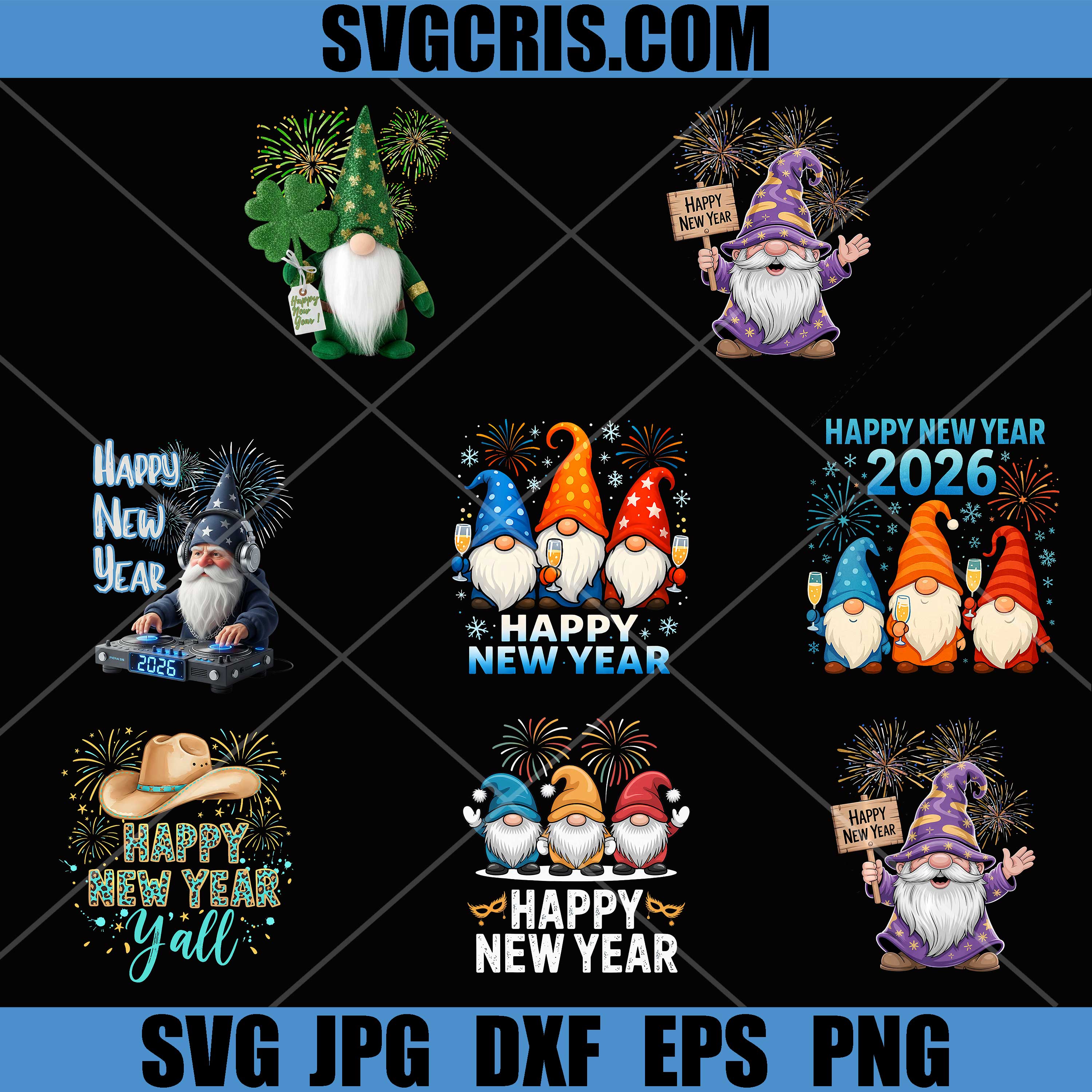 Happy New Year Party Gnomes Bundle PNG, Cute Holiday Fireworks PNG