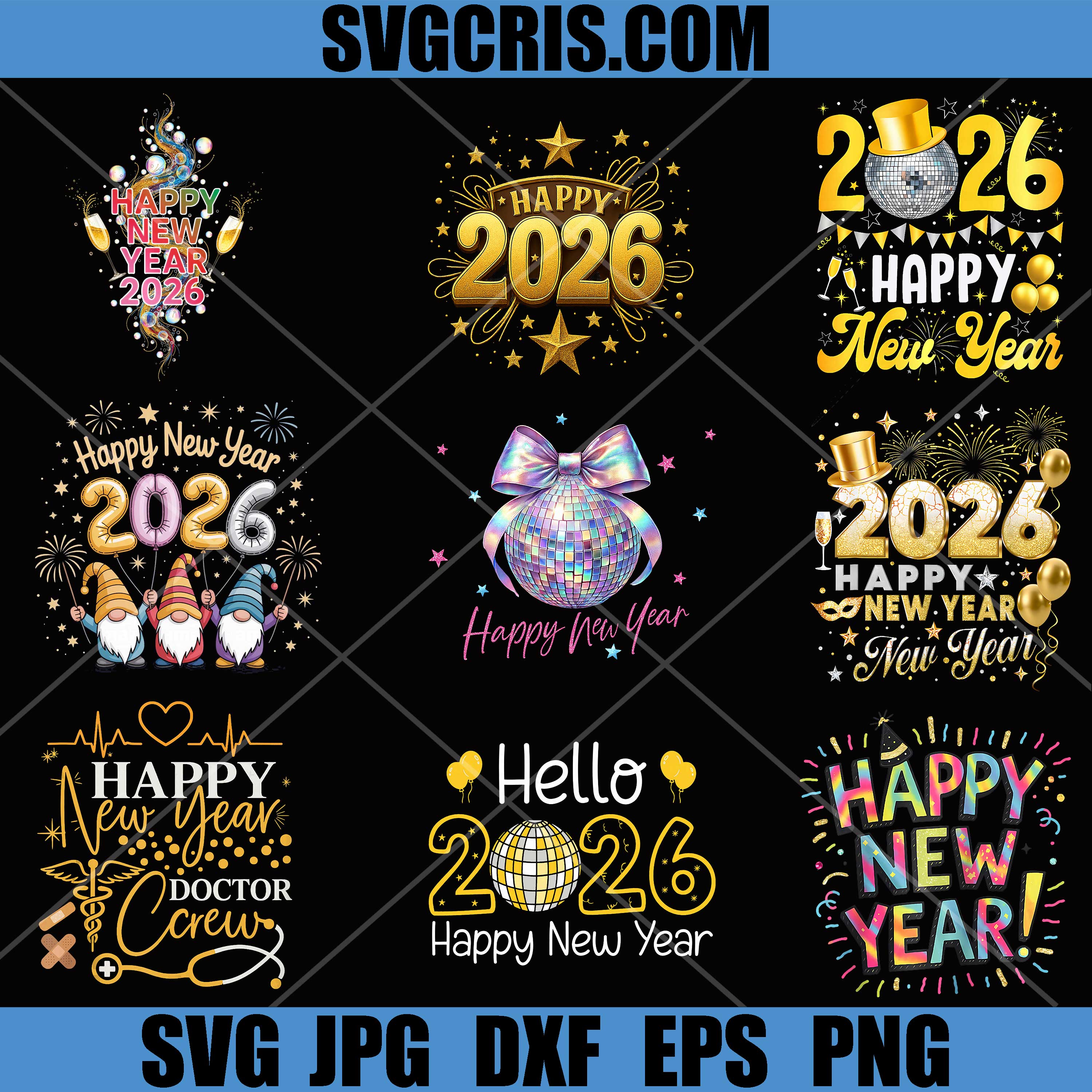 Happy New Year 2026 Celebration Bundle PNG, Gold Disco Ball Party Design PNG