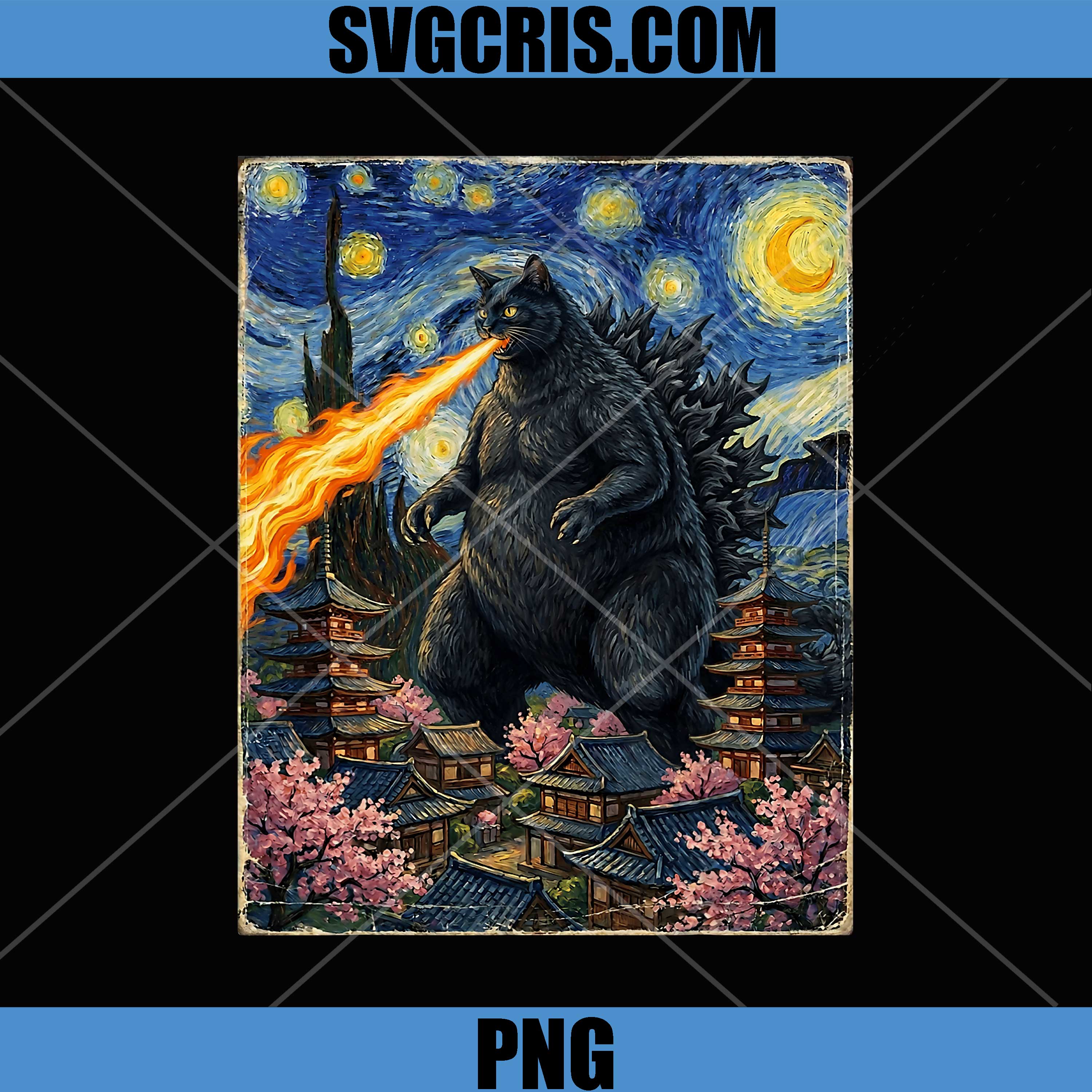 Kaiju Monster Japanese PNG, Catzilla Cat in Van Gogh Starry Night PNG