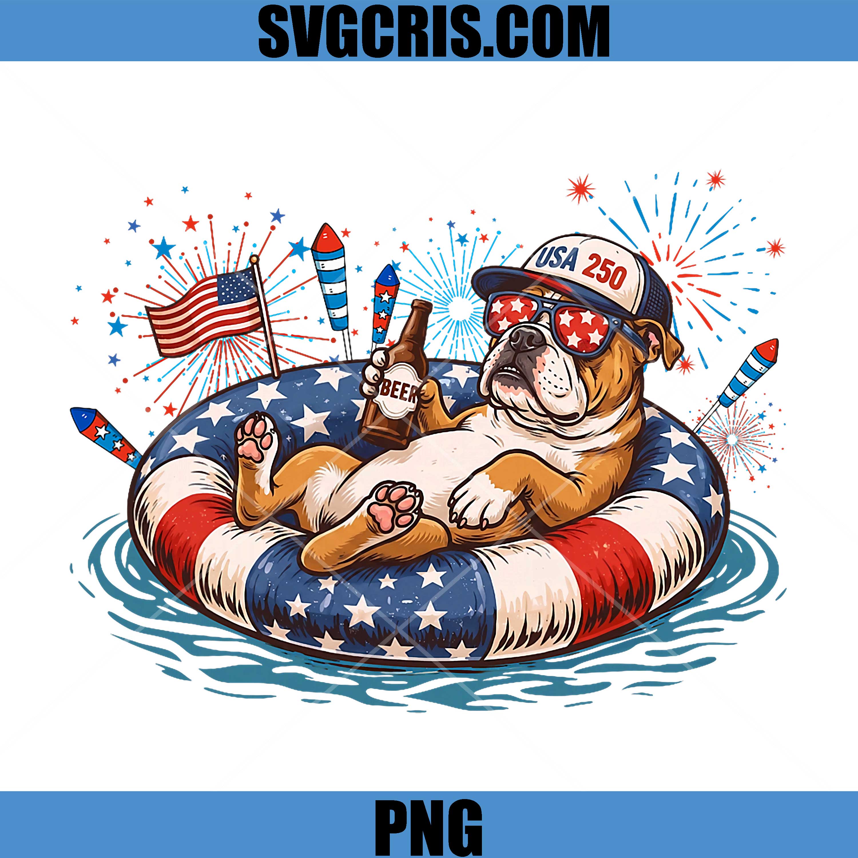 Patriotic English Bulldog Beer PNG, Floatie USA Flag 4th of July PNG