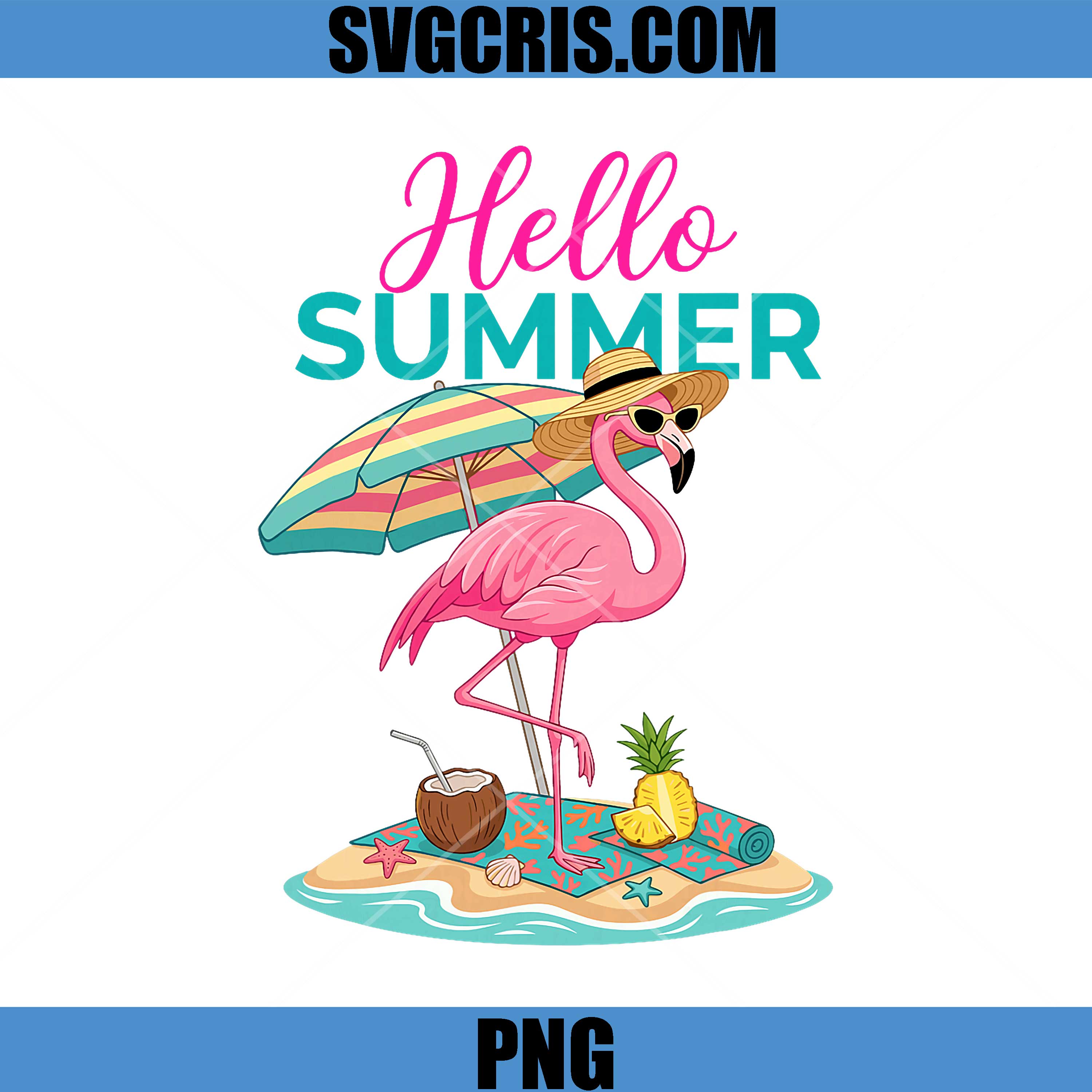 Pink Flamingo Summer Vacation PNG, Tropical Beach Hello Summer PNG