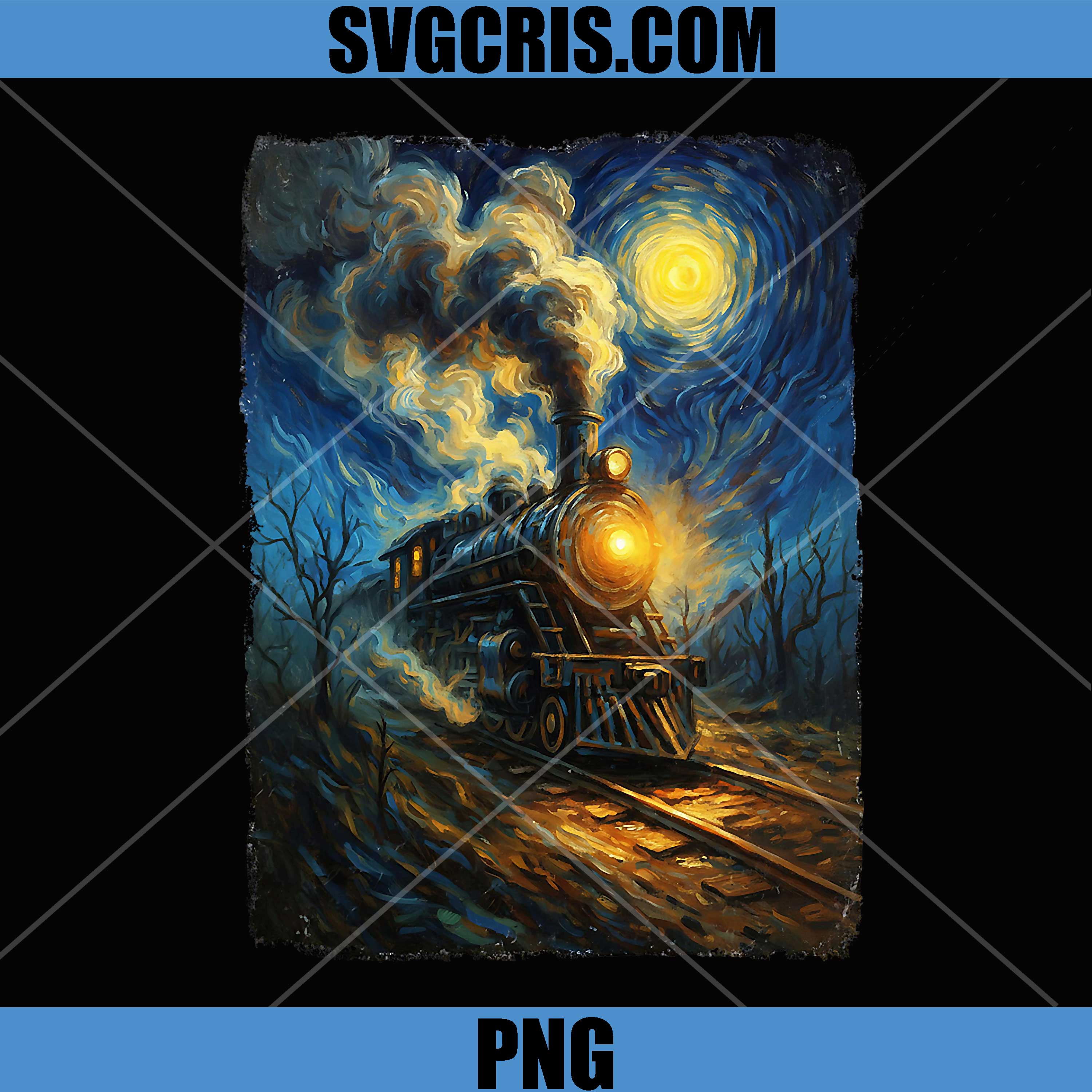 Railroad Train Vintage PNG, Steam Engine Van Gogh Locomotive PNG