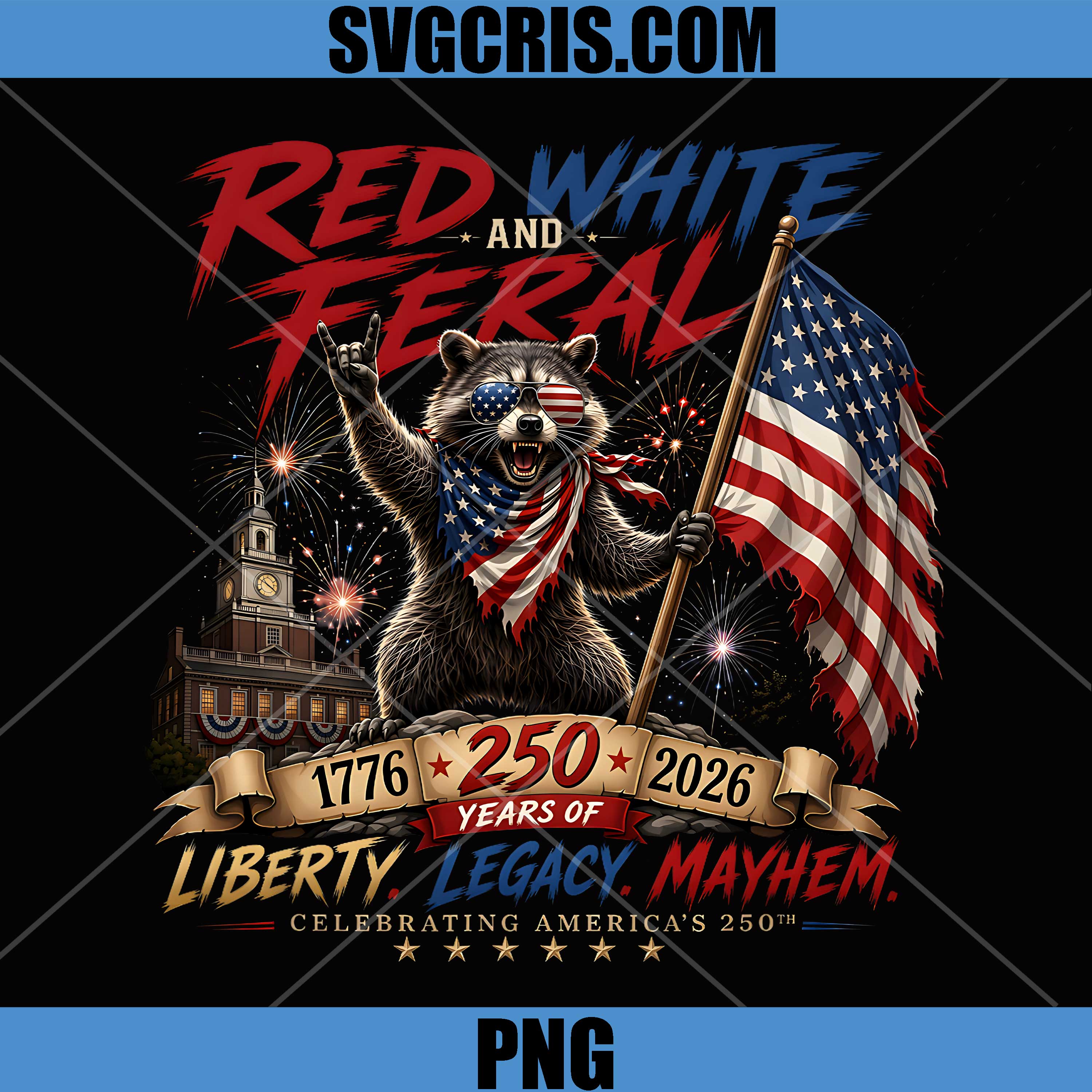 Red White and Feral Patriotic PNG, Raccoon USA America 250 PNG