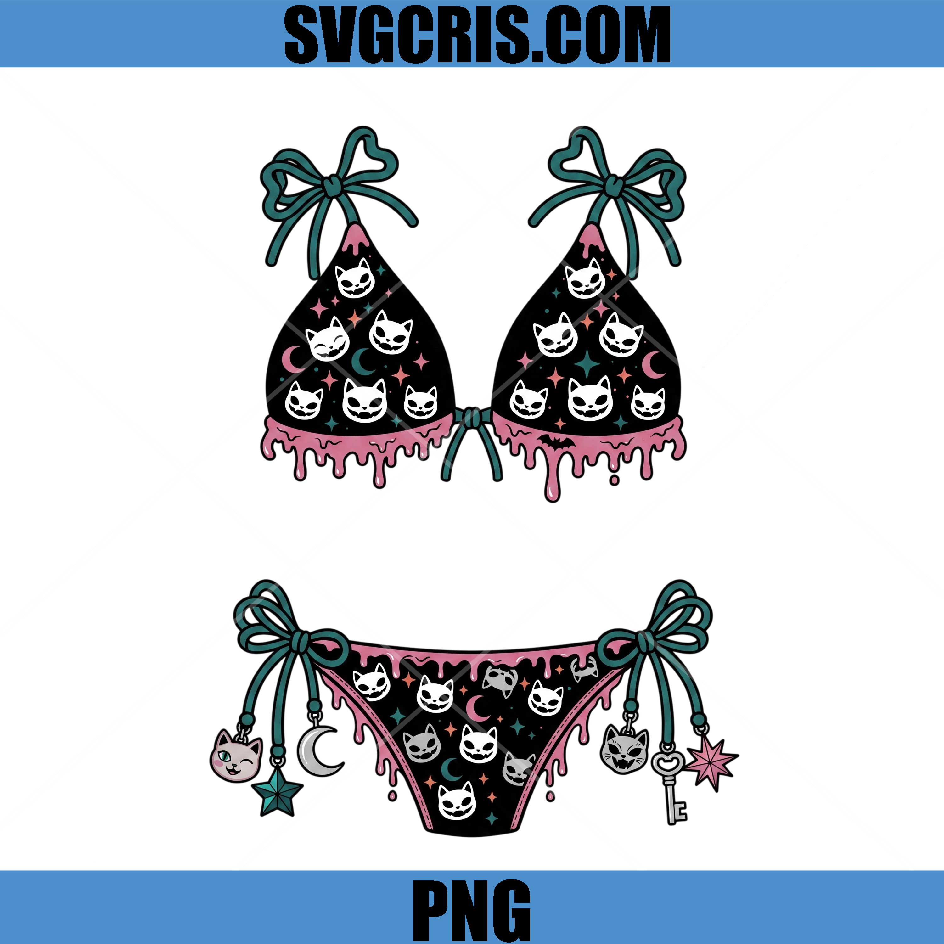 Spooky Cat Bikini PNG, Pink Drip Gothic Beachwear PNG