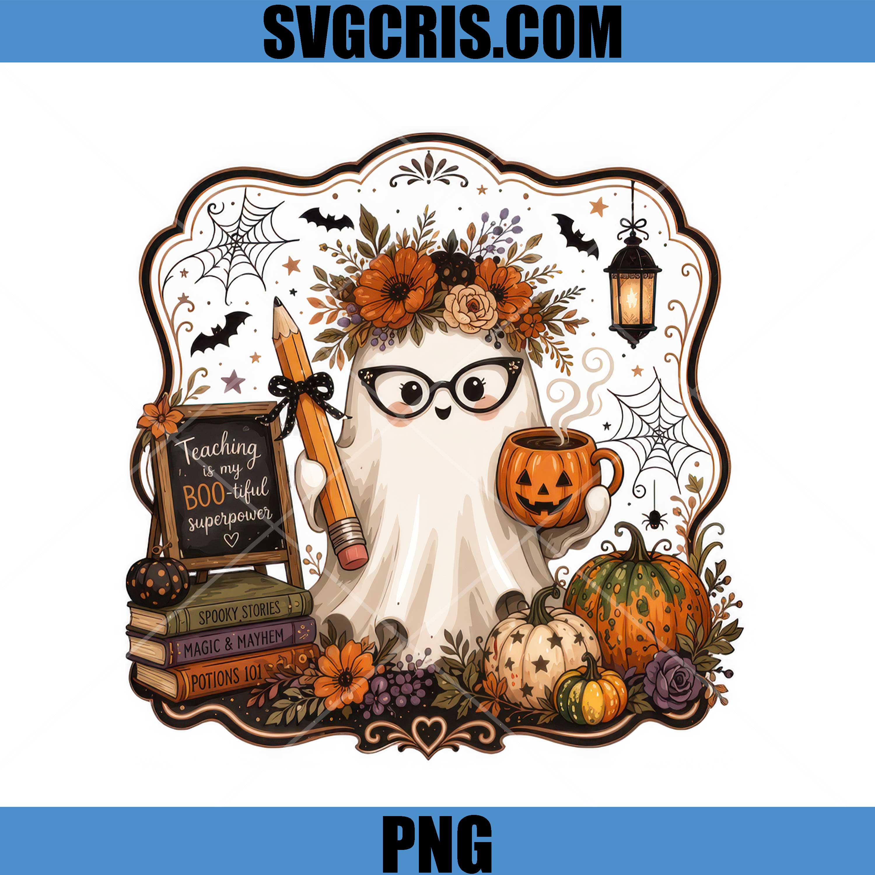 Cute Ghost Teacher Halloween PNG, Teacher Pumpkin Coffee Design PNG