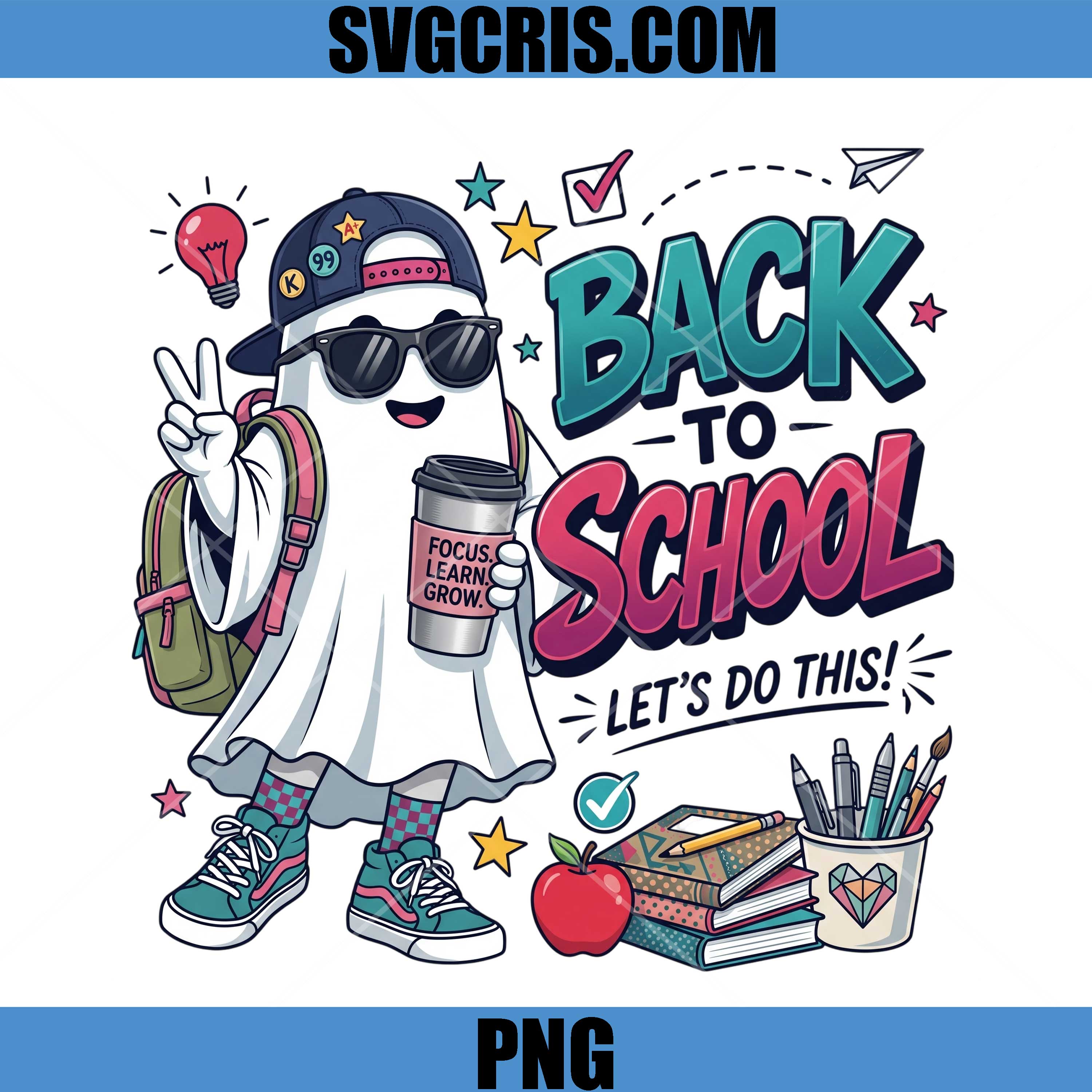 Cute Ghost Back To School PNG, School Supplies Student Art PNG