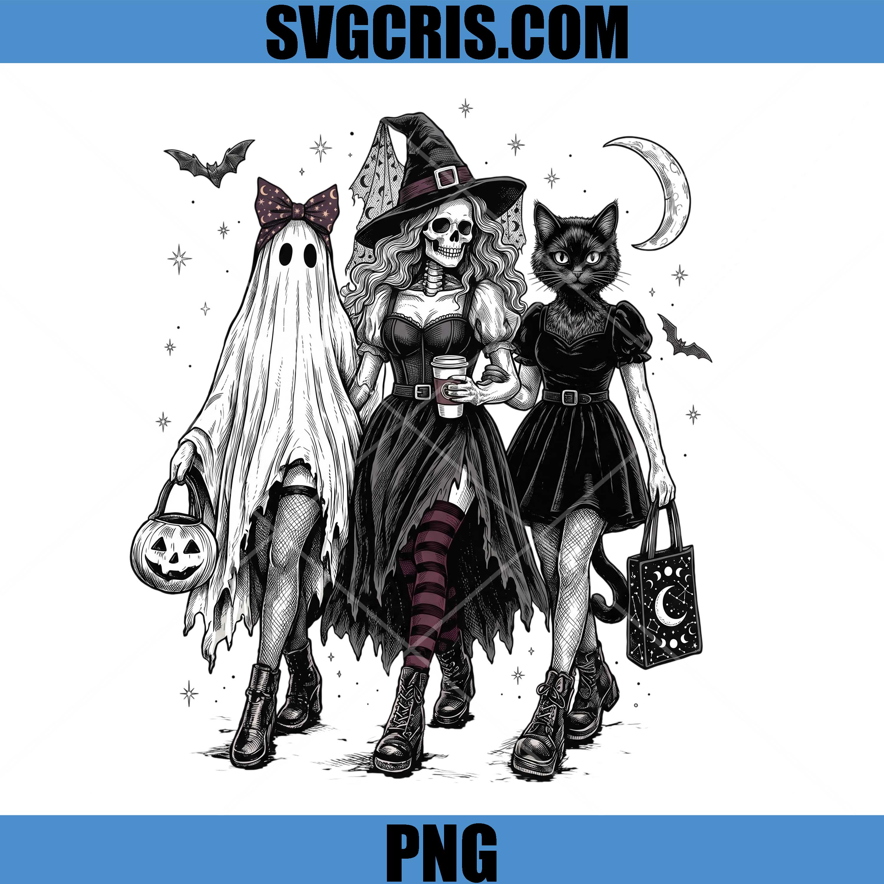 Halloween Witch Ghost Cat PNG, Spooky Witch Trio Halloween PNG
