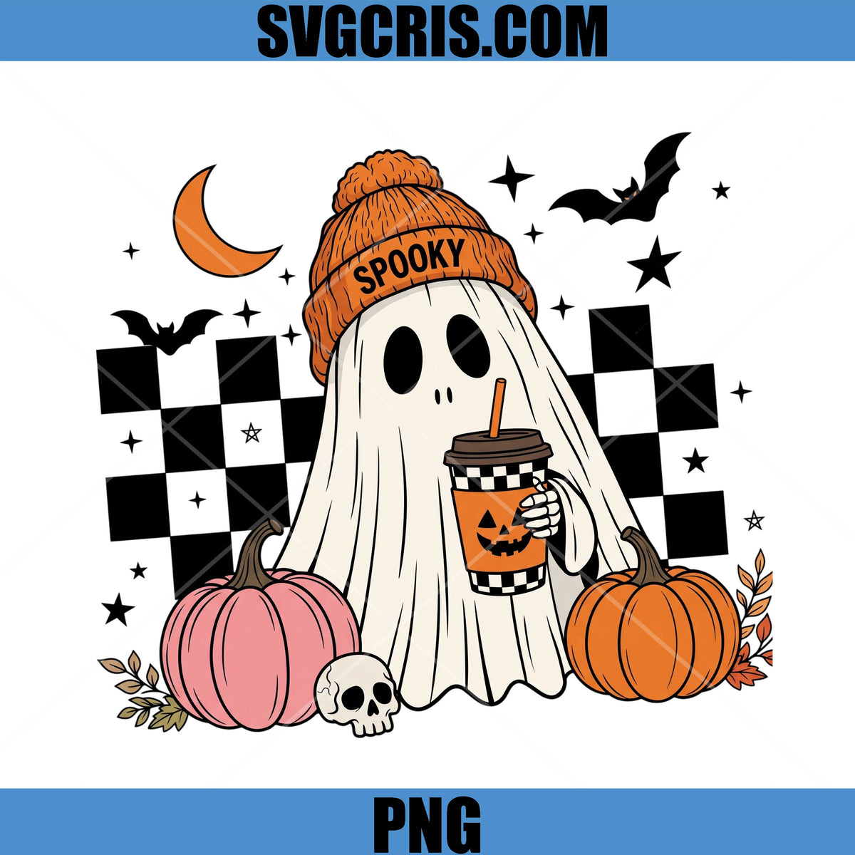 Spooky Ghost Fall PNG, Halloween Pumpkin Checkerboard PNG