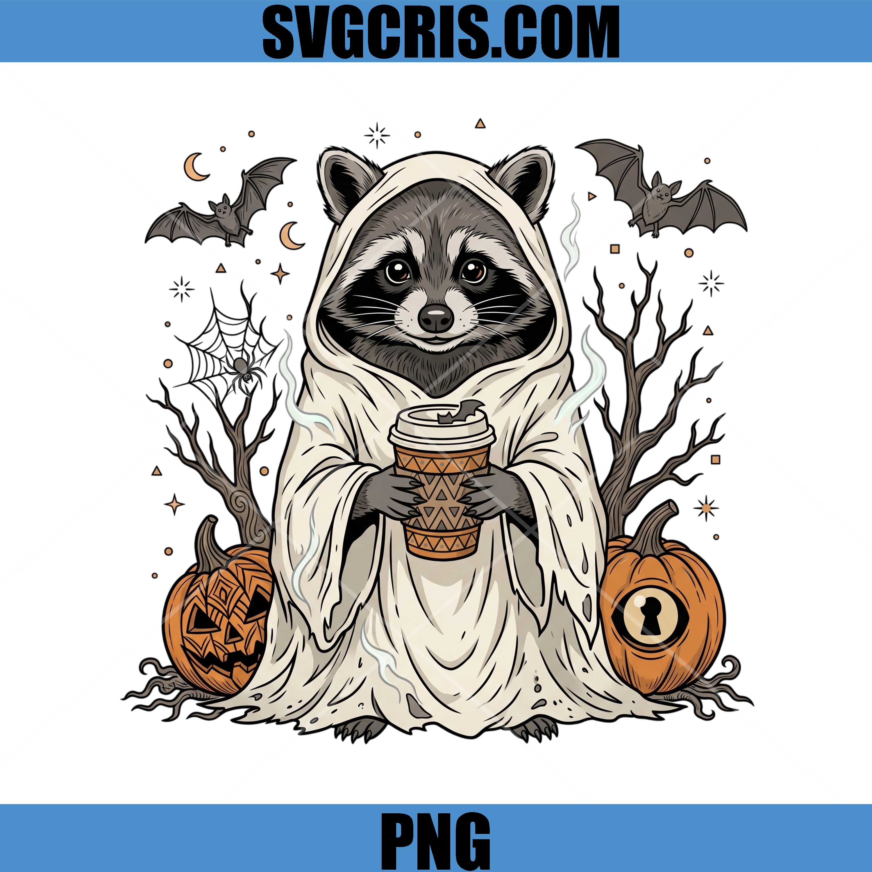 Halloween Raccoon Ghost PNG, Spooky Coffee Raccoon PNG