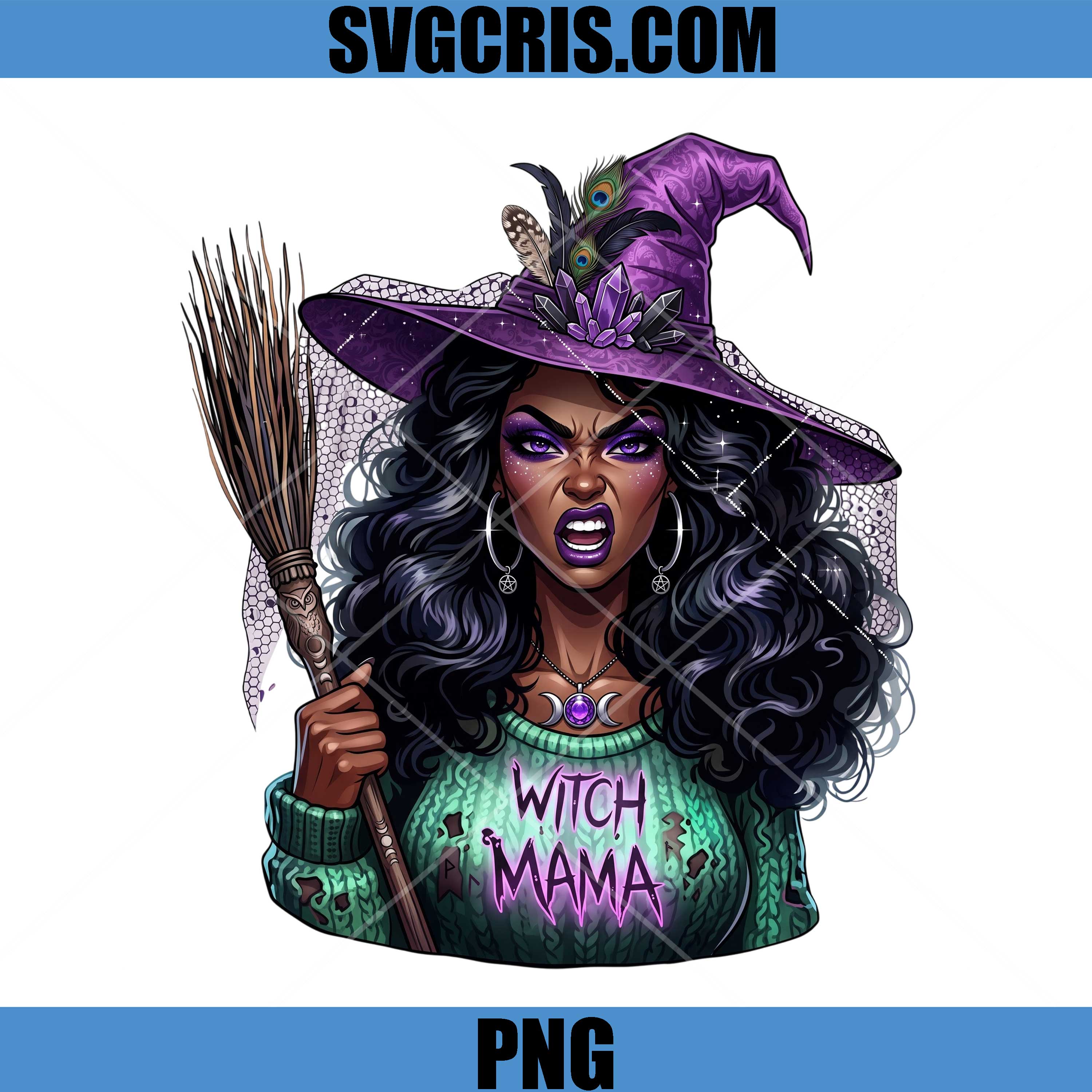 Black Witch Mama PNG, Purple Hat Halloween Witch Art PNG