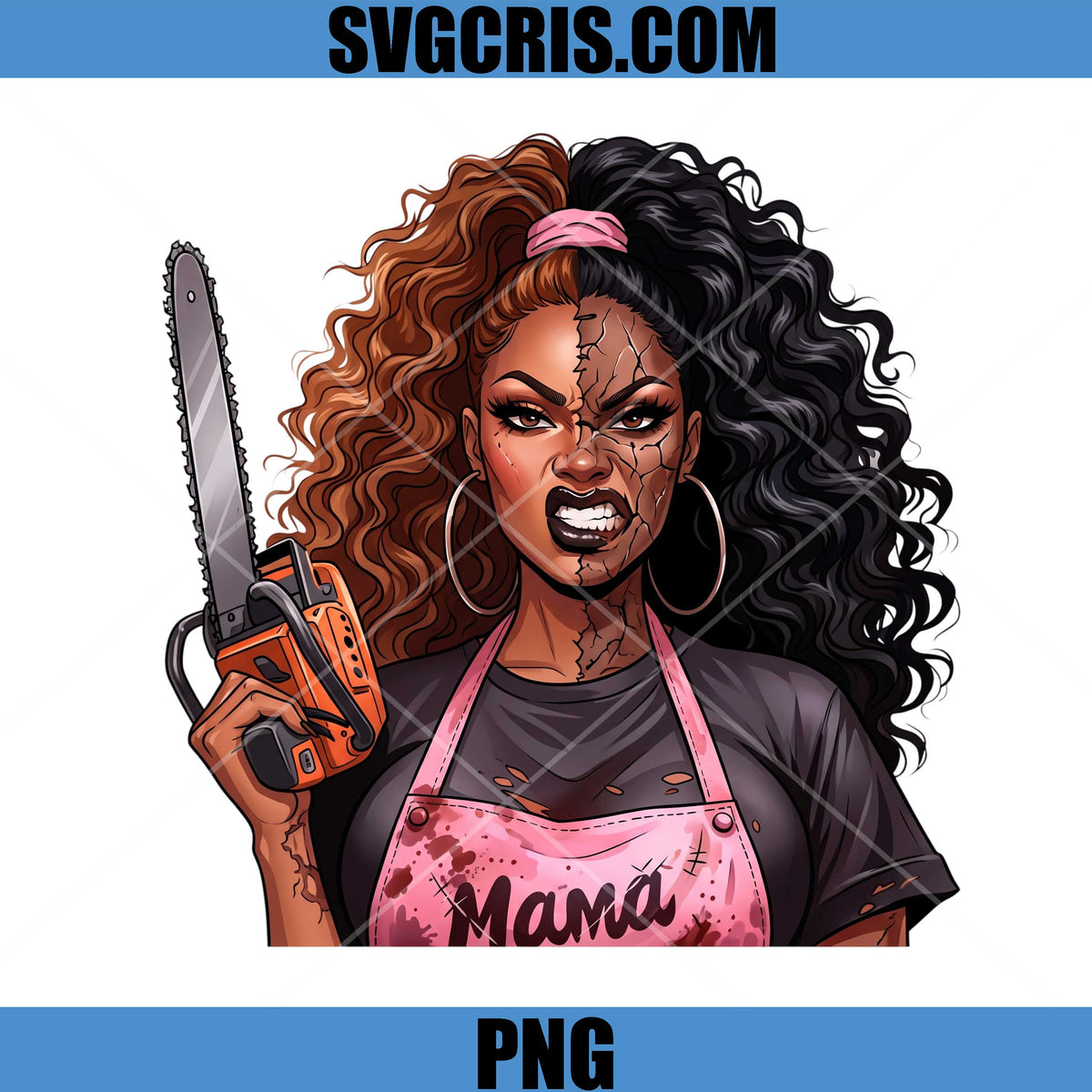Chainsaw Mama Horror PNG, Fierce Mother Chainsaw Art PNG