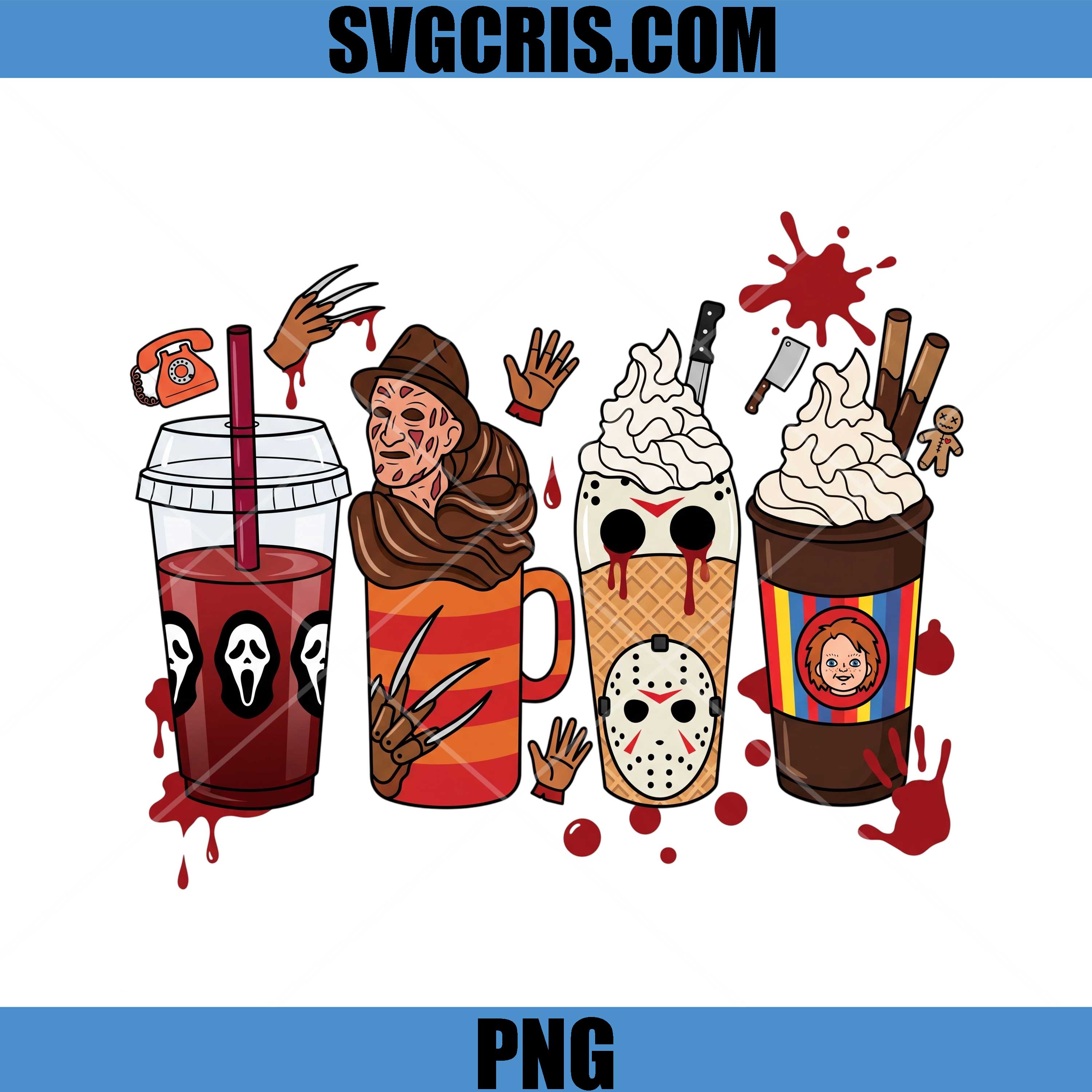 Horror Coffee Cups PNG, Freddy Jason Chucky Ghostface PNG
