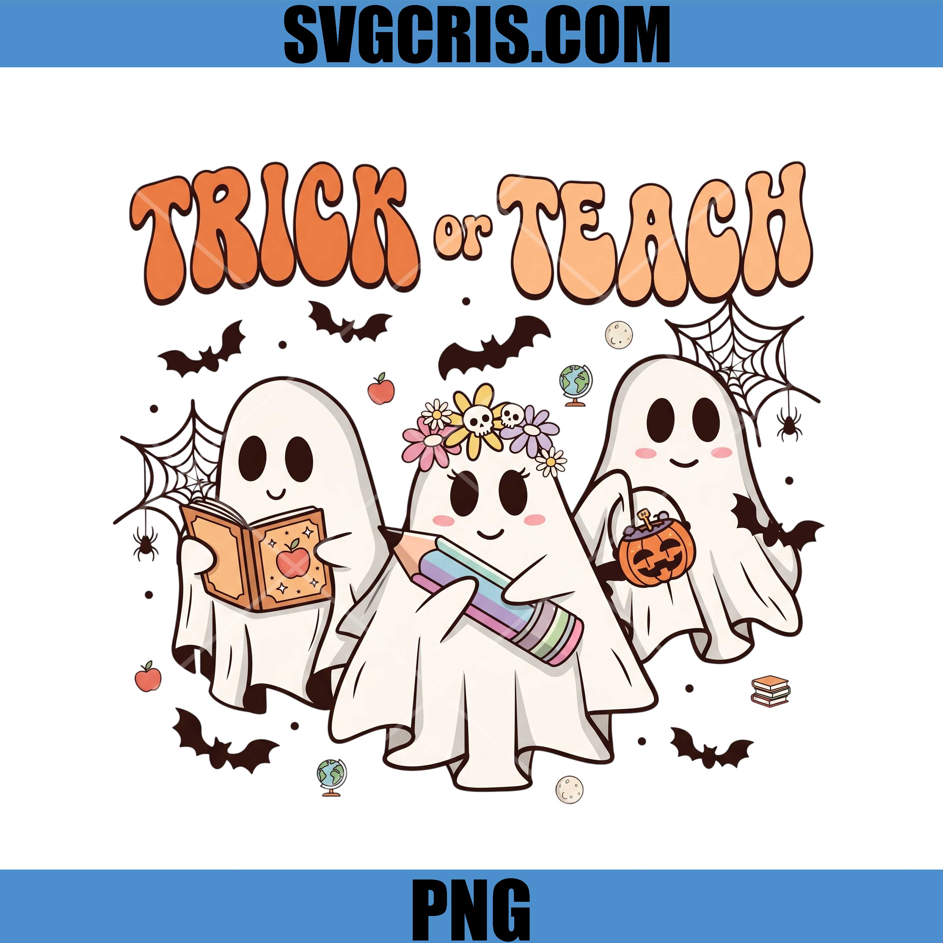 Trick Or Teach Ghosts Book PNG, Cute Ghosts Reading Halloween School PNG