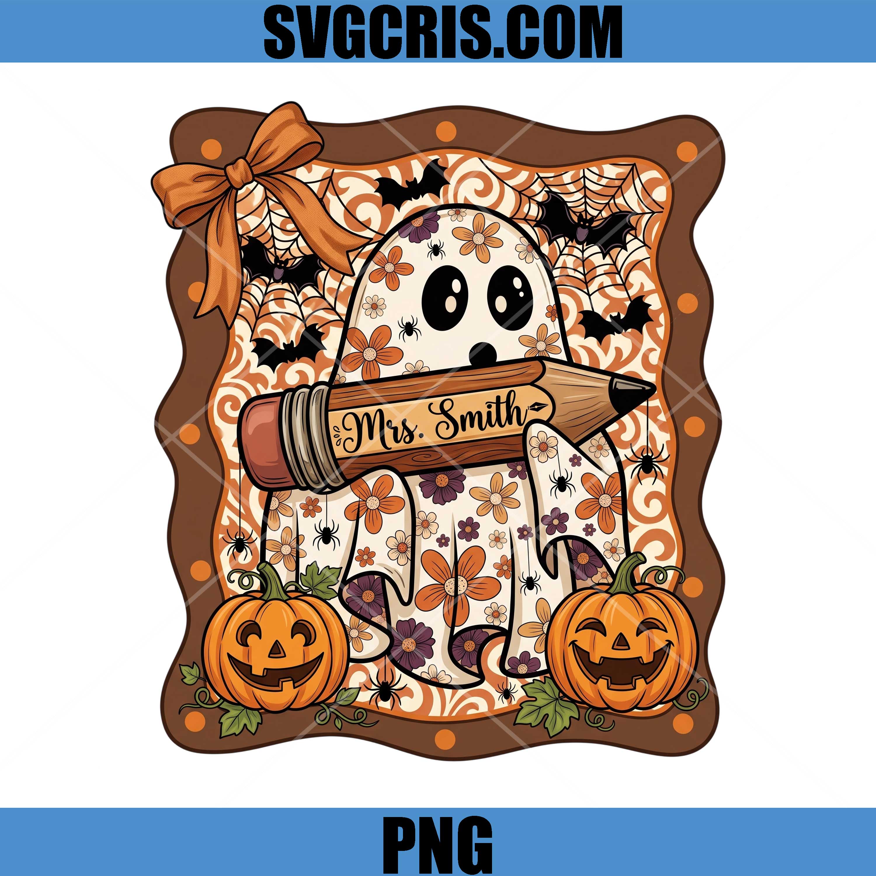 Mrs. Smith Ghost PNG, Halloween Teacher Pencil Fun Magic PNG