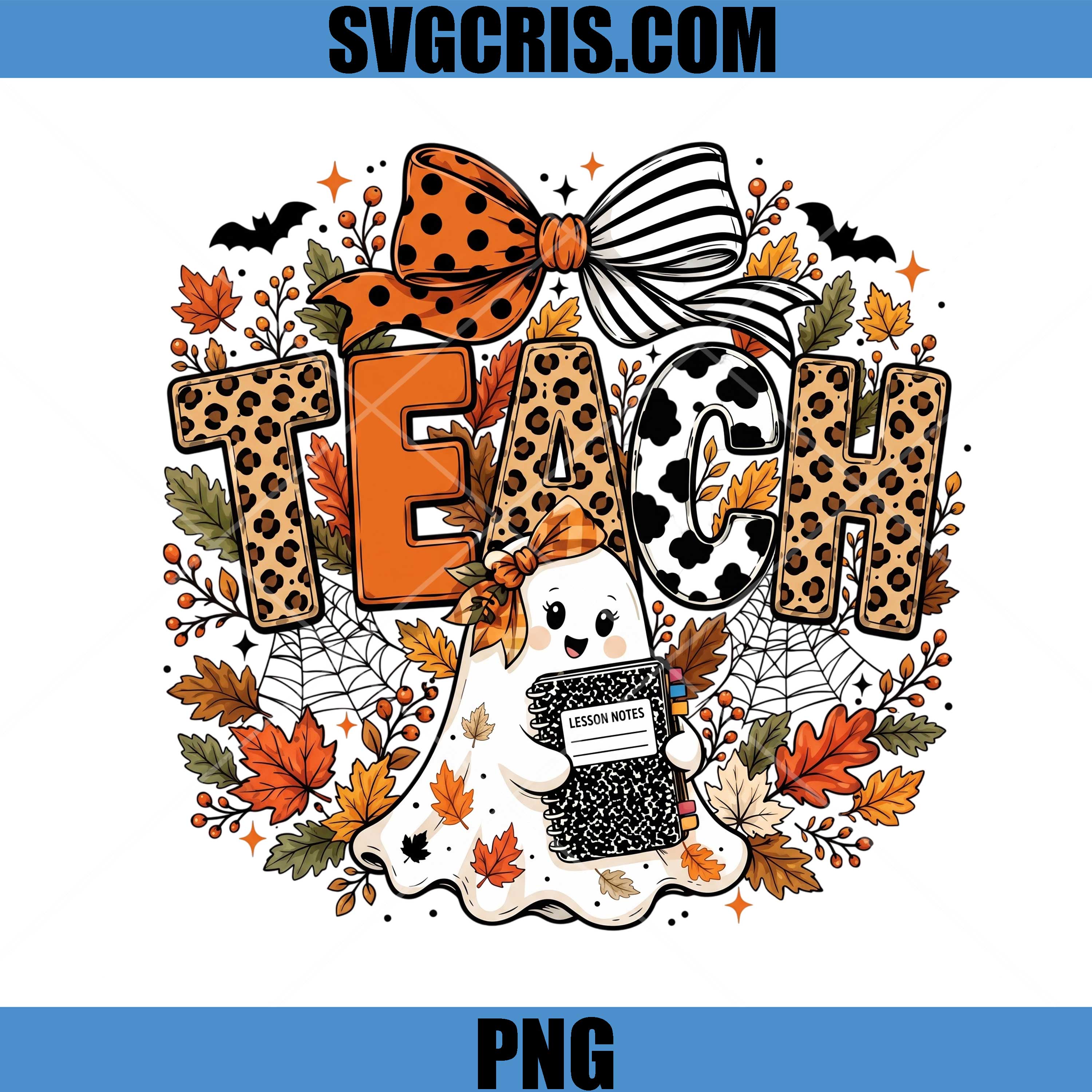 Teach Ghost Lesson Notes PNG, Leopard Fall Teacher Bow PNG