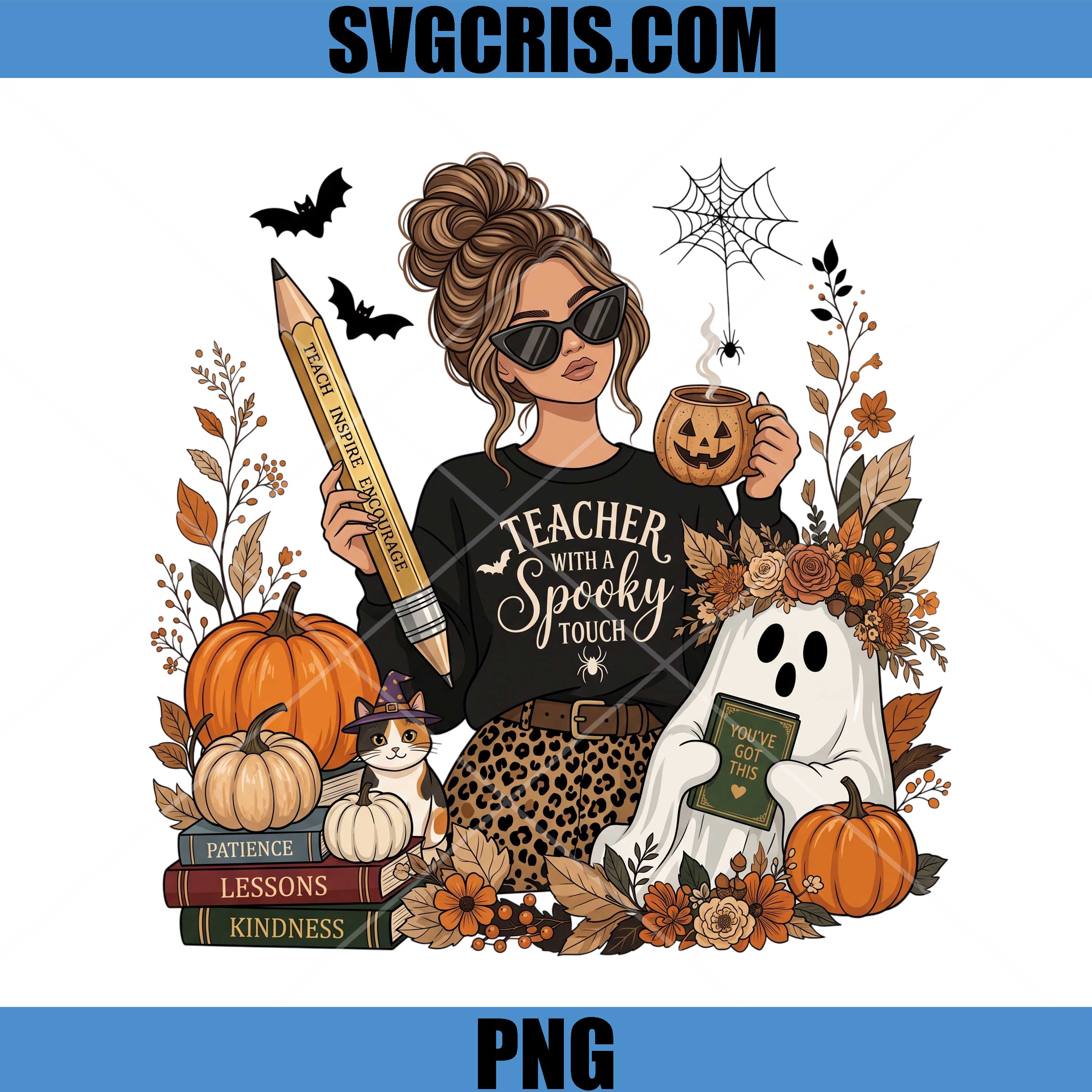 Teacher With A Spooky Touch PNG, Ghost Pumpkin Fall Teacher PNG