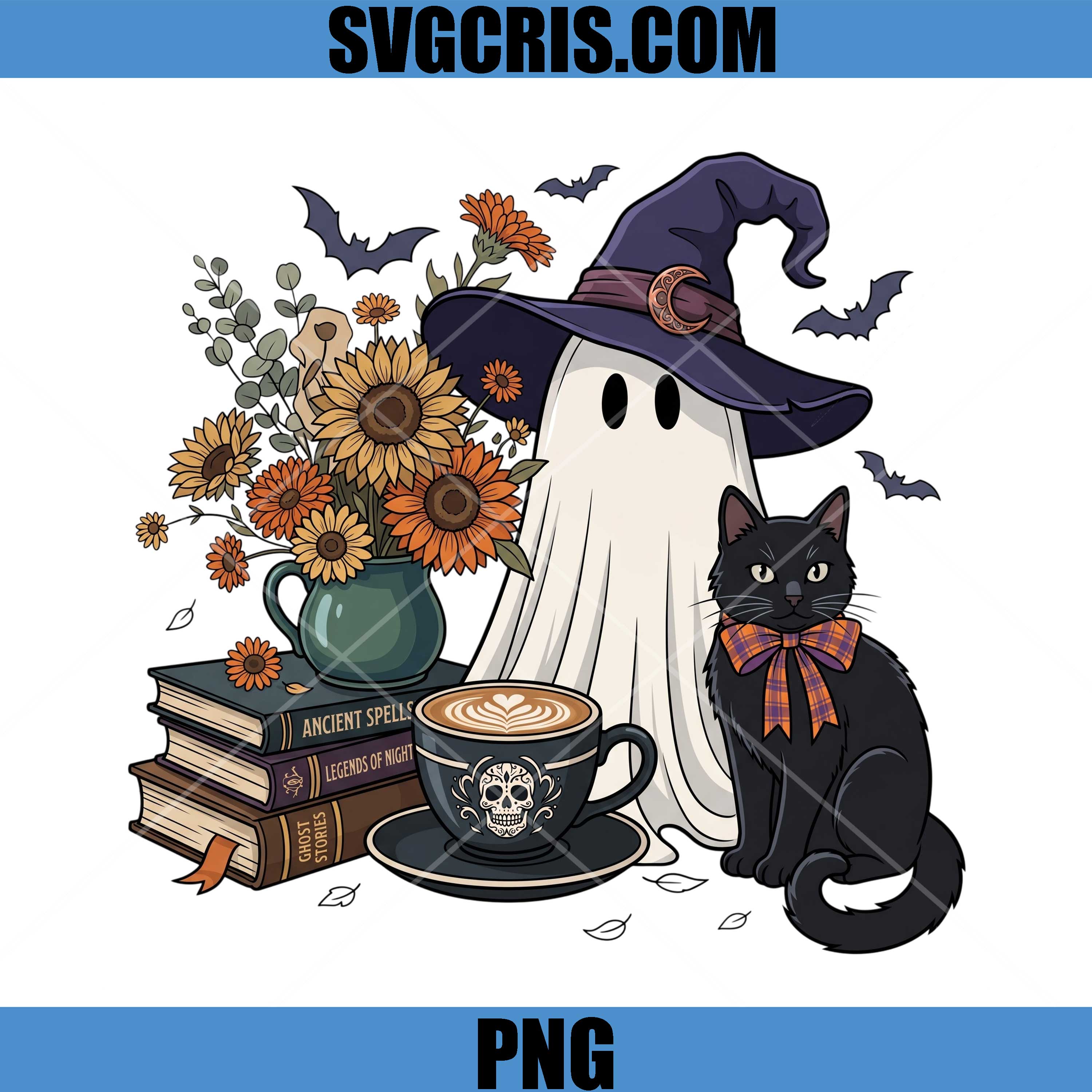 Spooky Ghost Witch Hat PNG, Black Cat Ancient Spells PNG