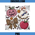 Cute Ghost Teacher Coquette PNG, Leopard Bow Pumpkin Apple PNG
