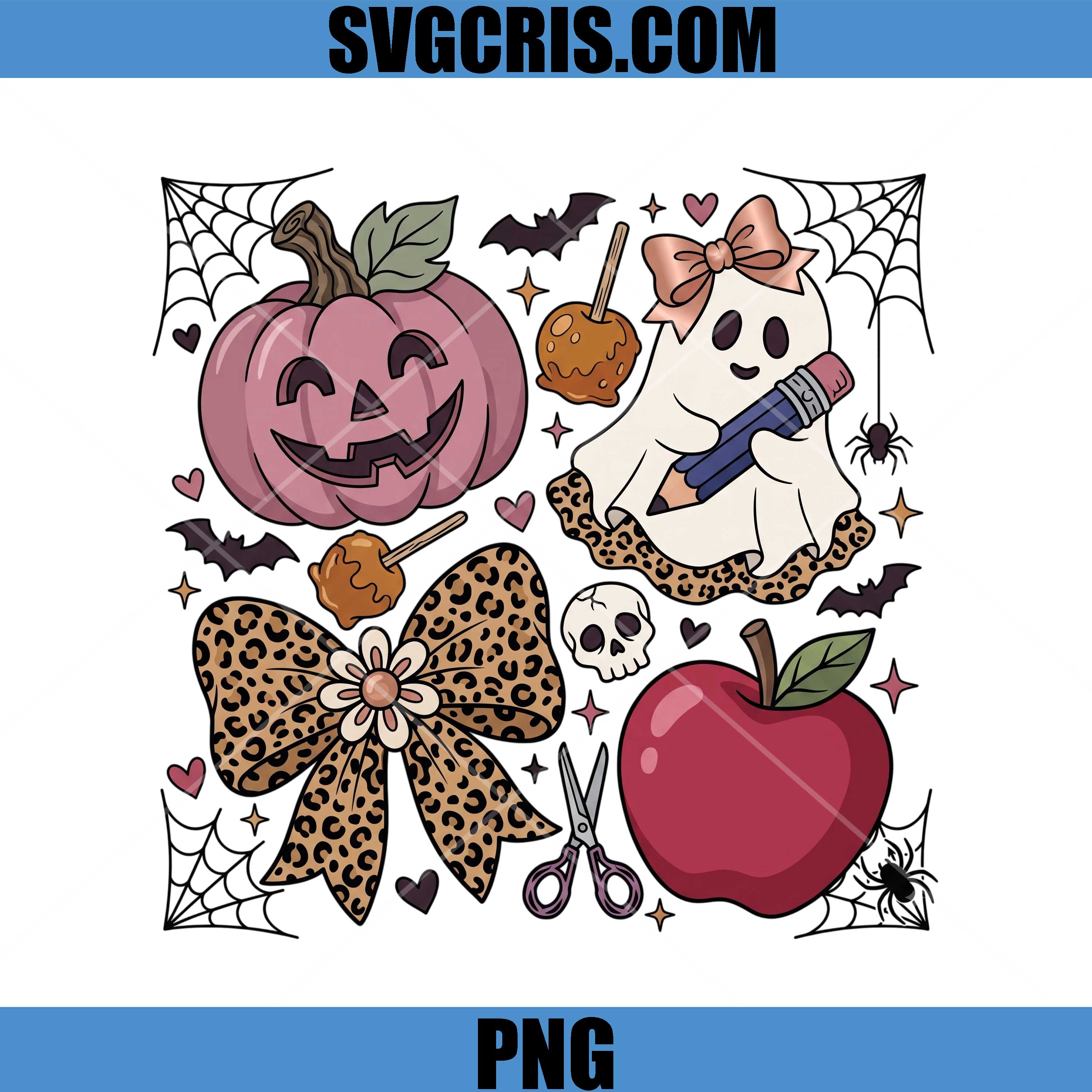 Cute Ghost Teacher Coquette PNG, Leopard Bow Pumpkin Apple PNG