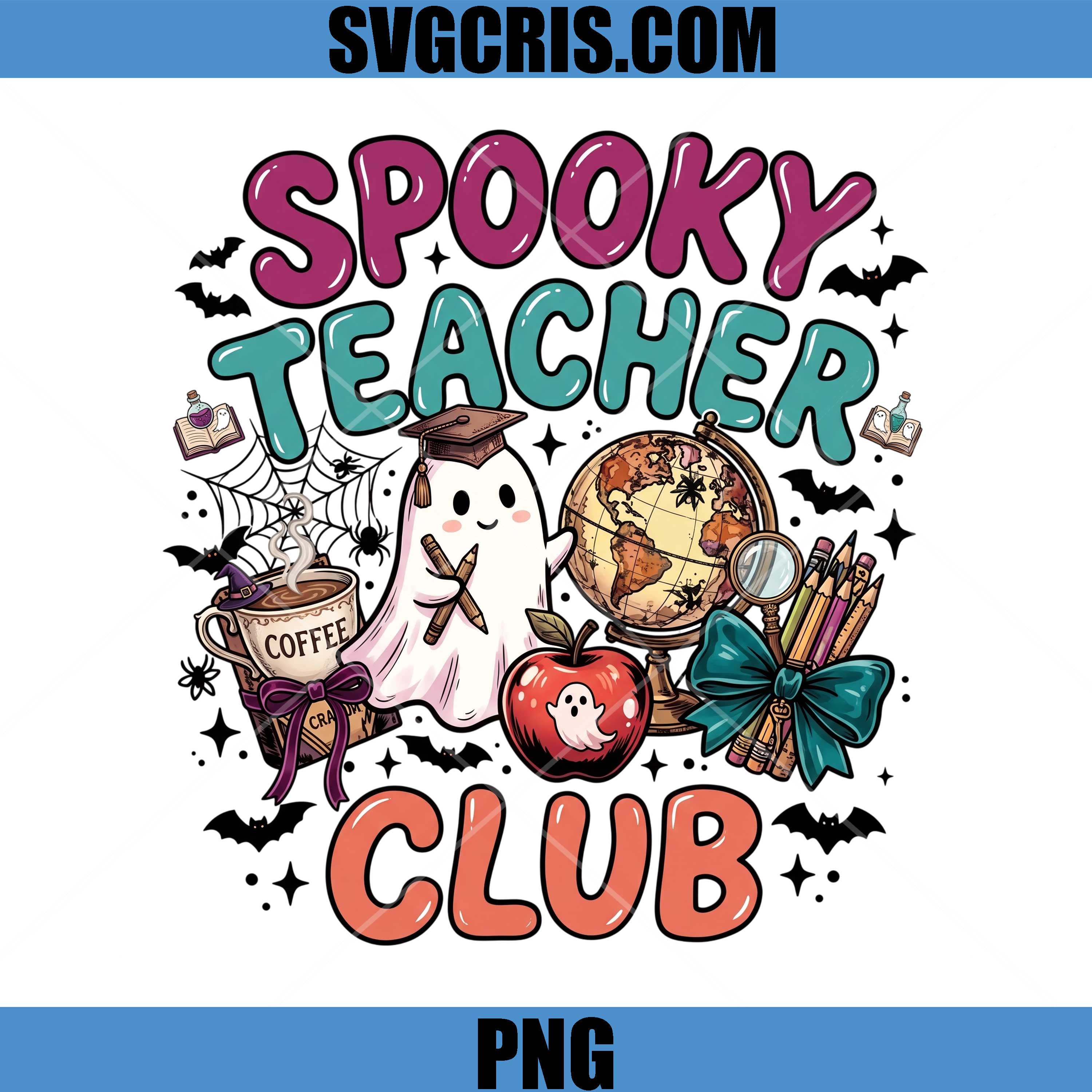 Spooky Teacher Club PNG, Cute Ghost Globe Coffee Bow PNG