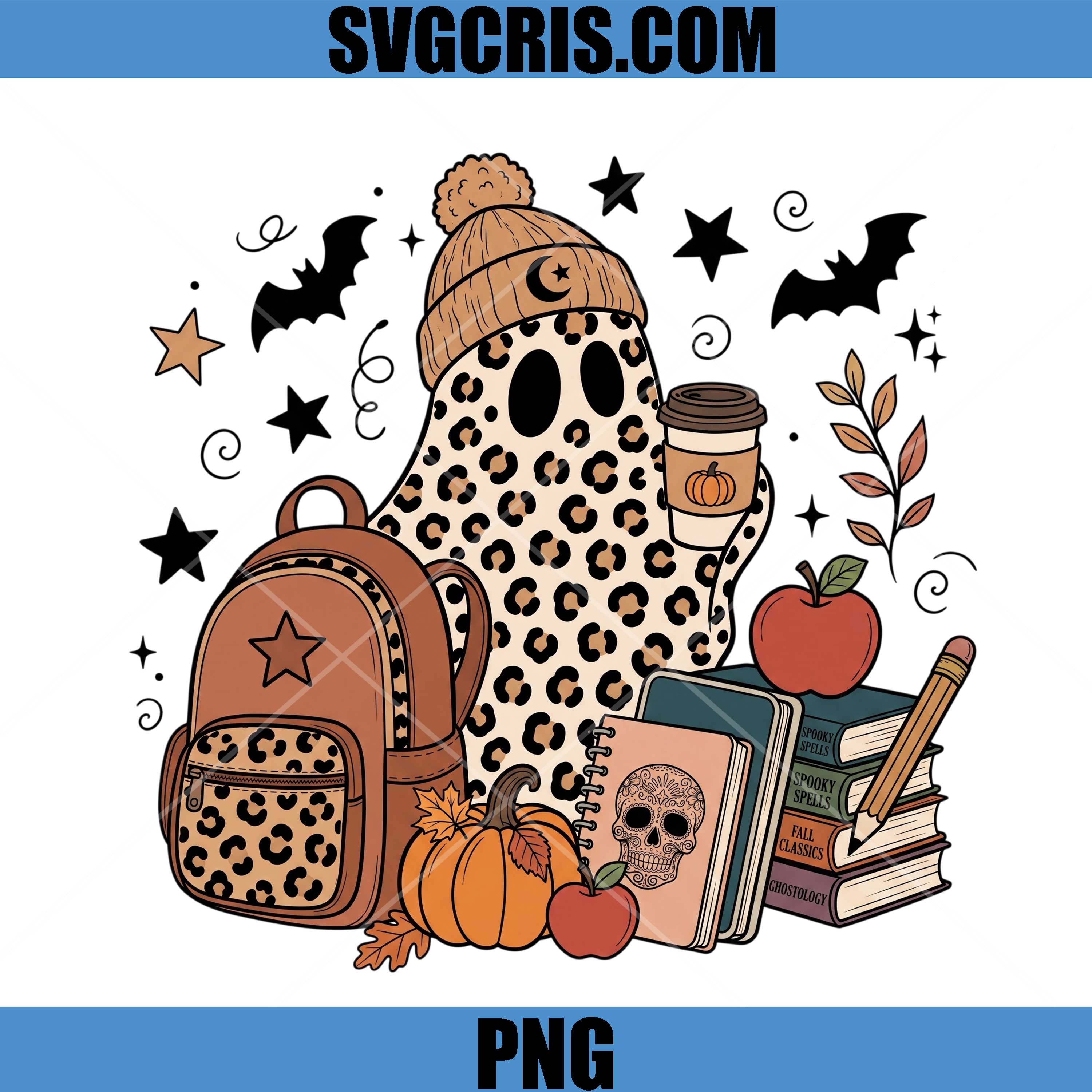 Leopard Ghost School PNG, Fall Apple Books Backpack Teacher PNG