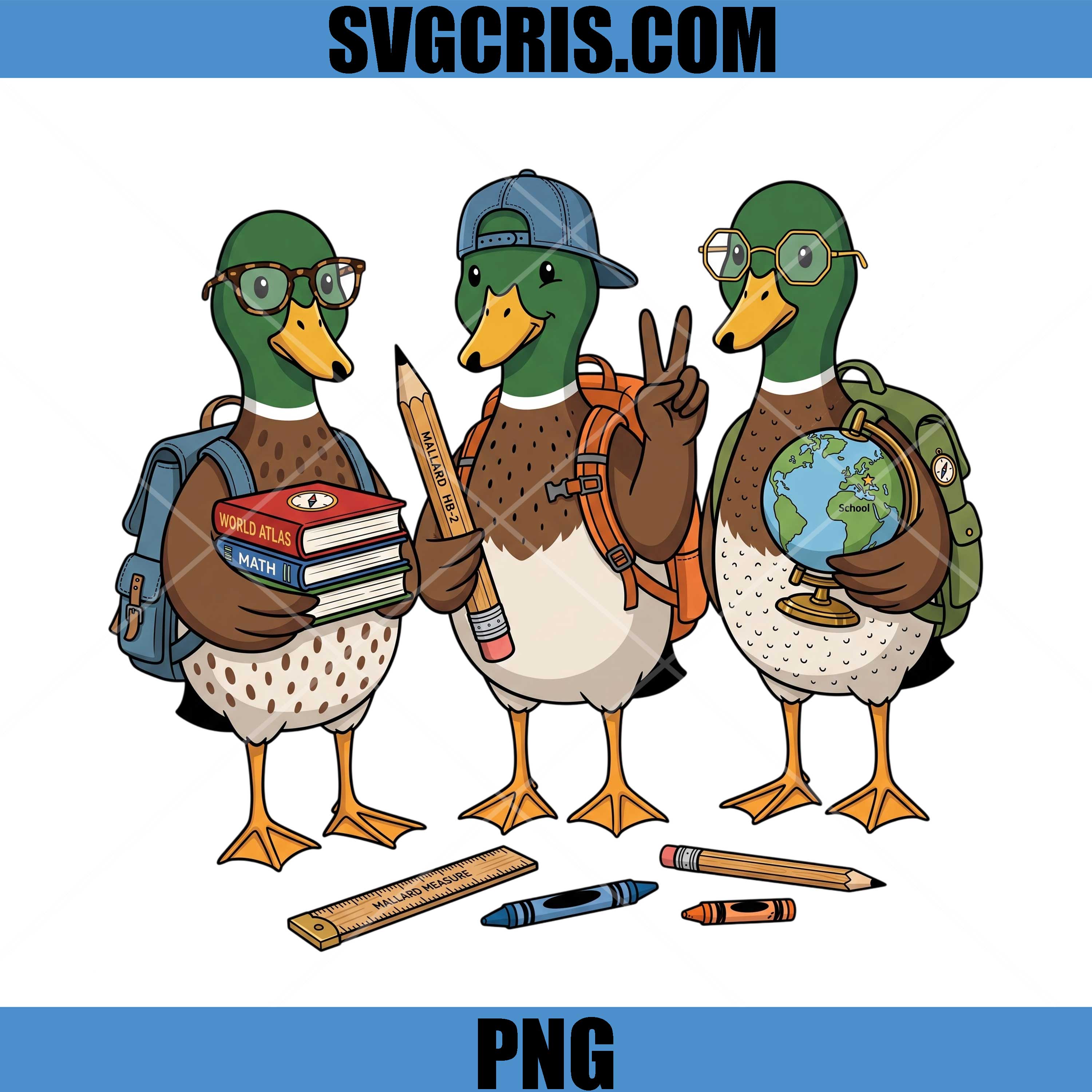 Back To School Mallard Ducks PNG, Cute Student Duck Trio PNG