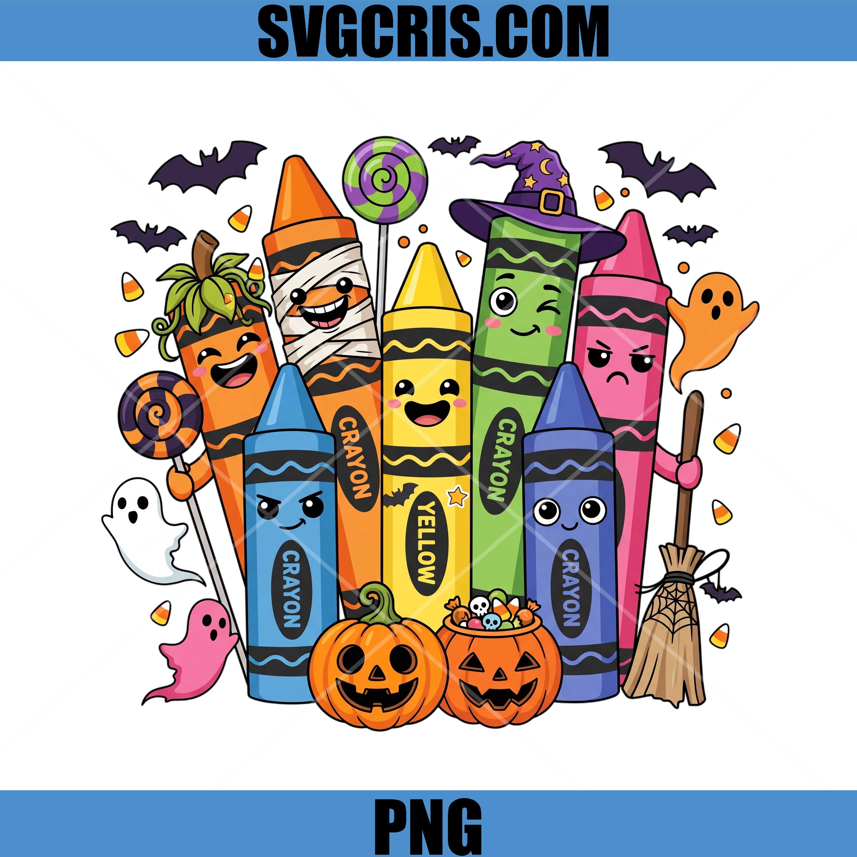 Cute Halloween Crayon Friends PNG, Spooky School Supplies PNG