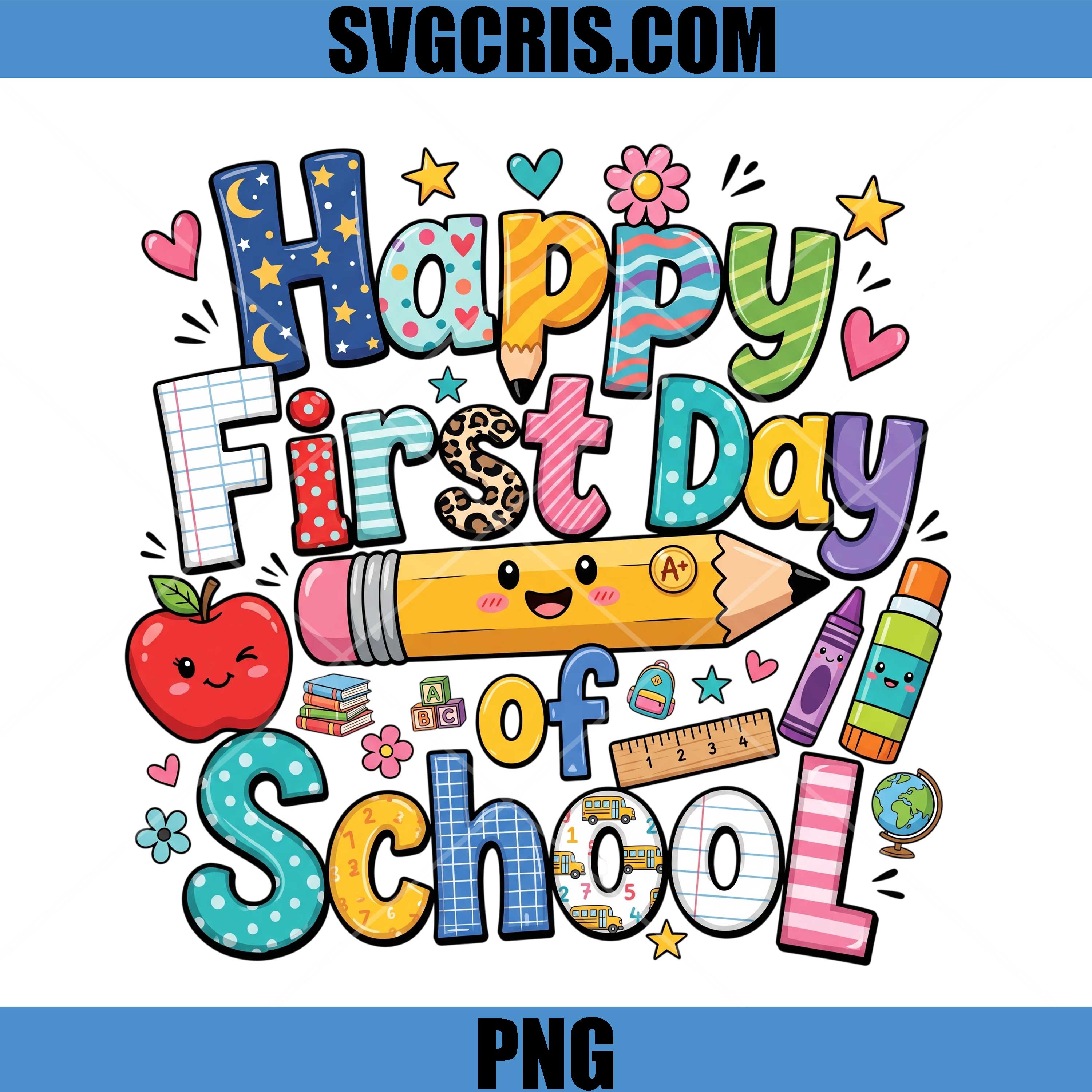 Happy First Day Of School PNG, Cute Pencil Apple School PNG