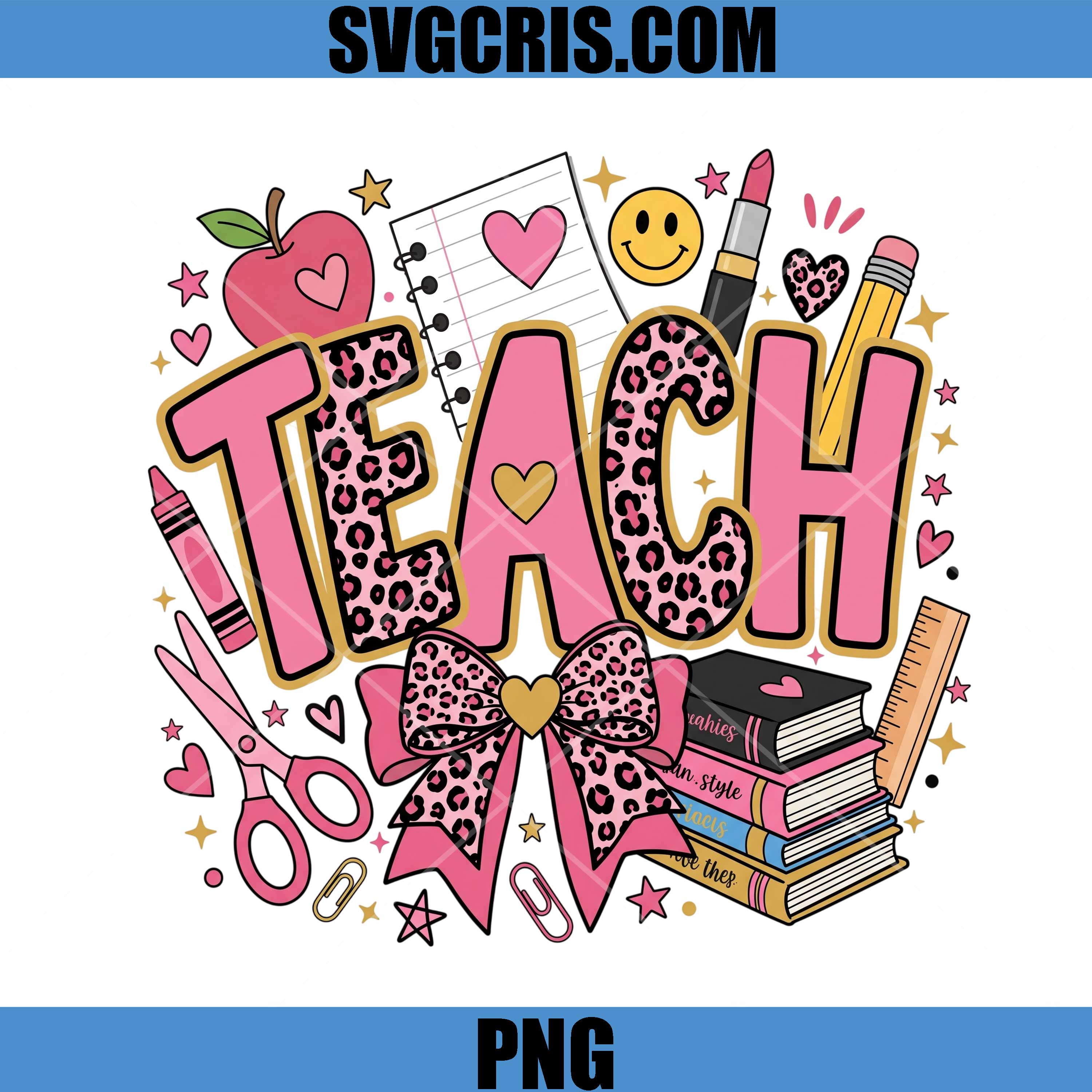 Pink Leopard Teach PNG, Cute Teacher School Supplies PNG