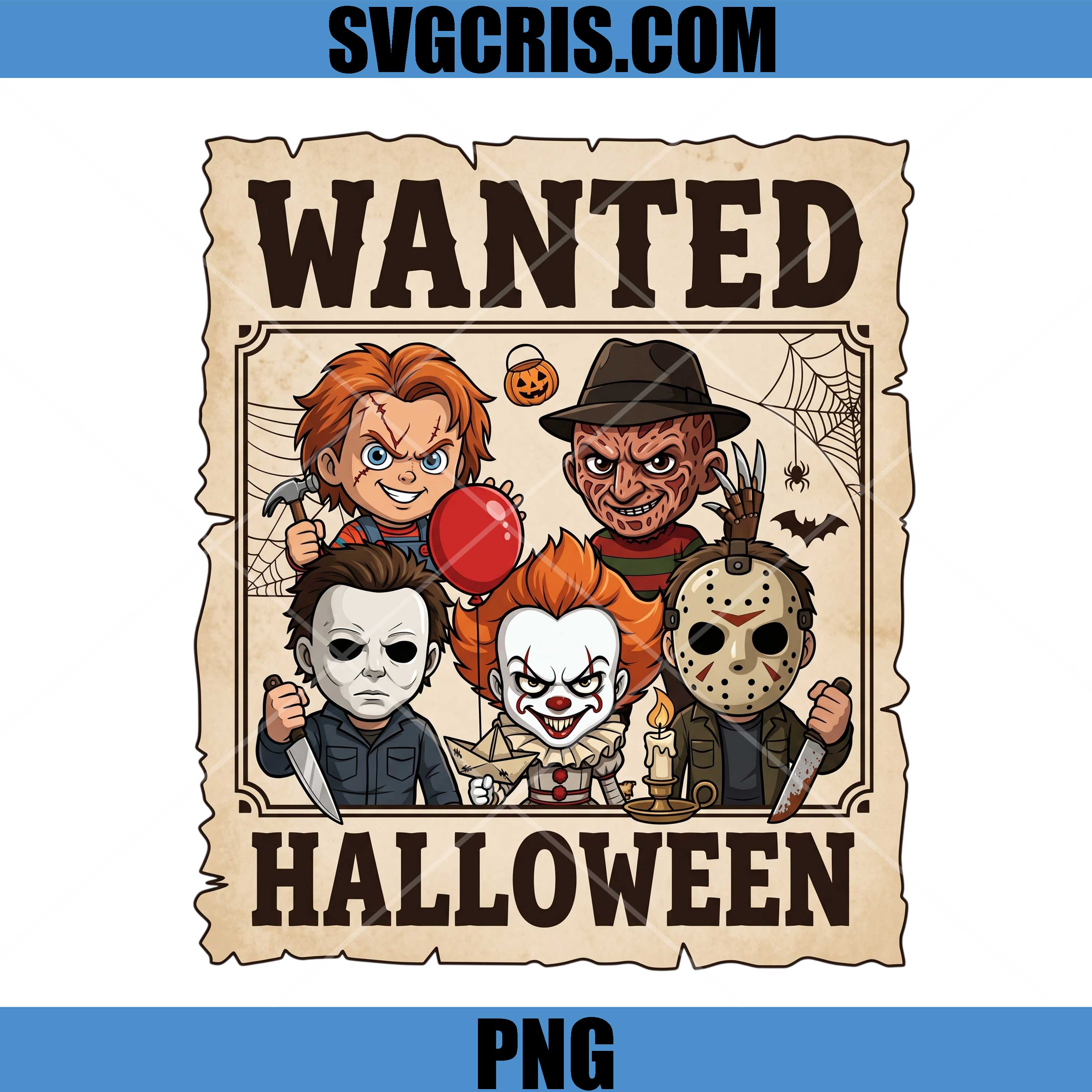 Wanted Horror Halloween PNG, Pennywise Chucky Jason PNG