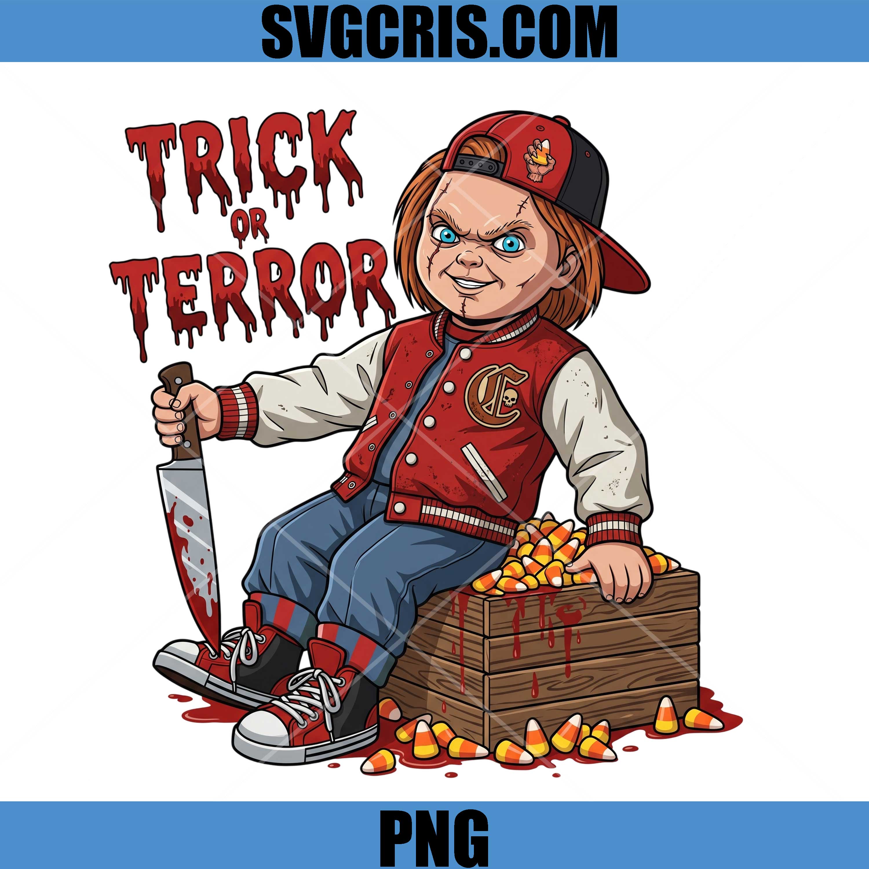 Trick Or Terror Chucky PNG, Horror Candy Corn Halloween PNG, Chucky Halloween Candy PNG