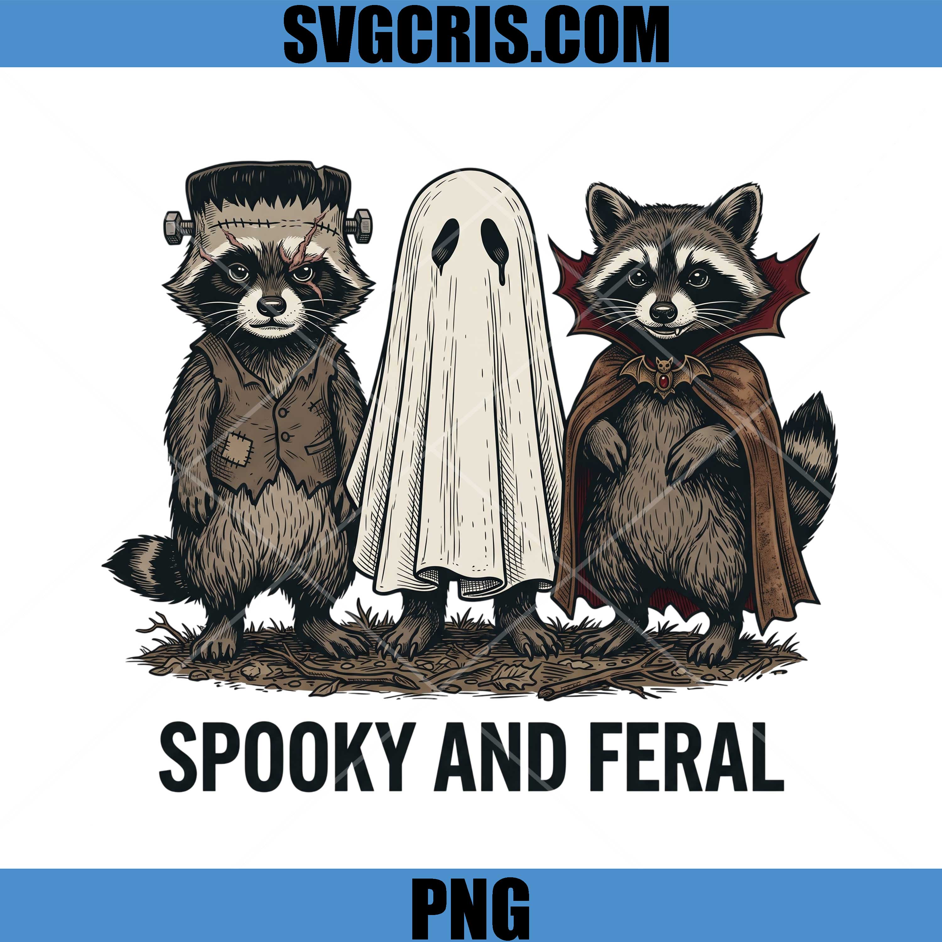 Spooky And Feral Trio PNG, Raccoon Ghost Dracula Art PNG