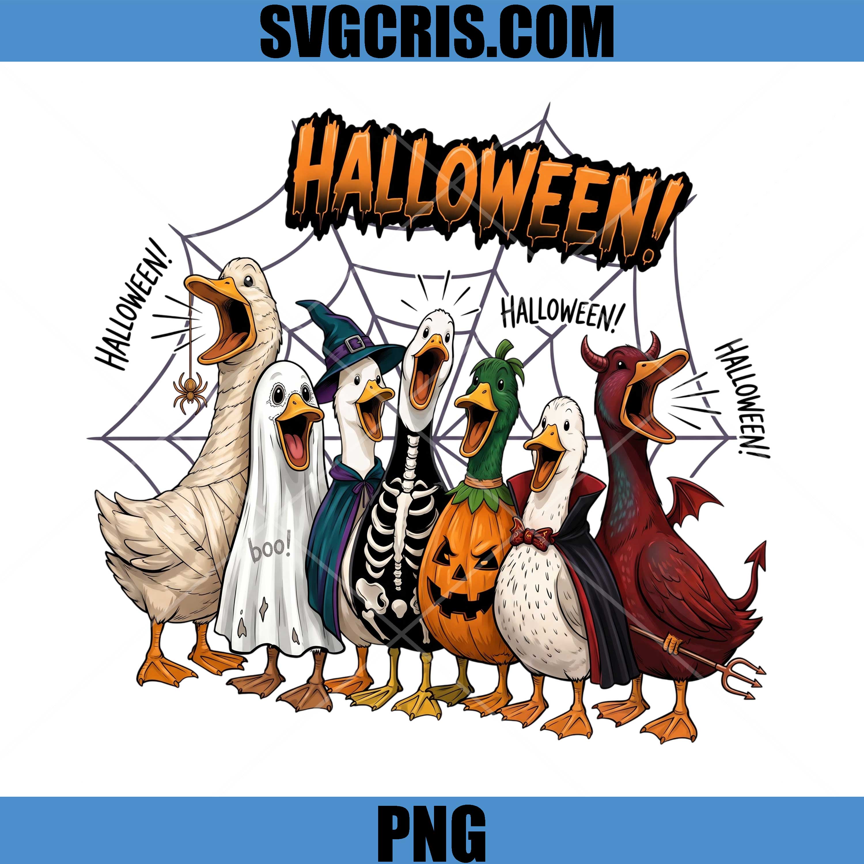Halloween Geese PNG, Ghost Witch Skeleton Pumpkin Design PNG