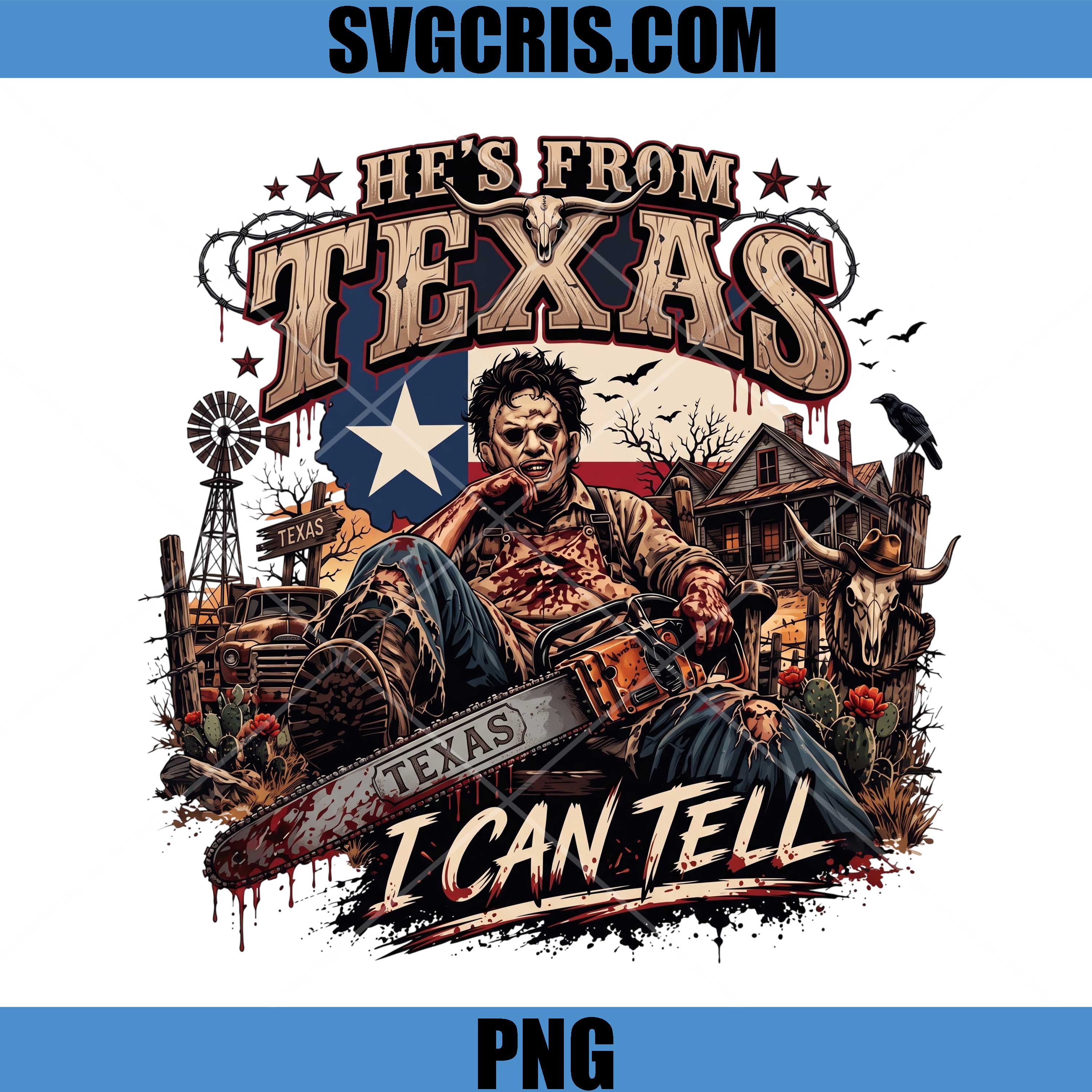 Leatherface Chainsaw PNG, He's From Texas Horror Western PNG