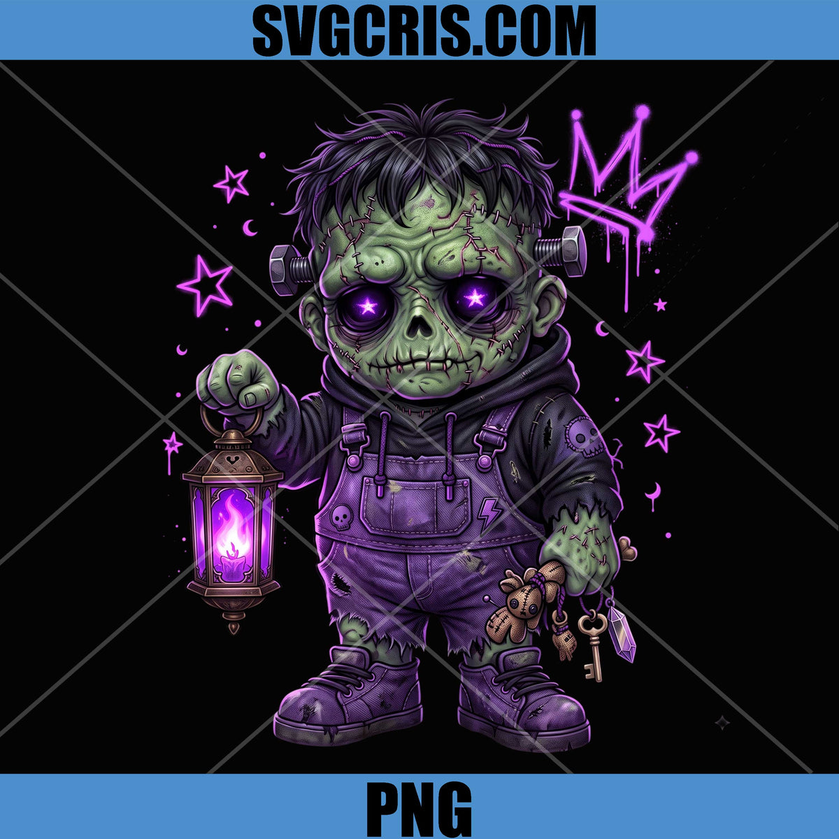 Frankenstein Horror Doll PNG, Purple Halloween Monster Art PNG