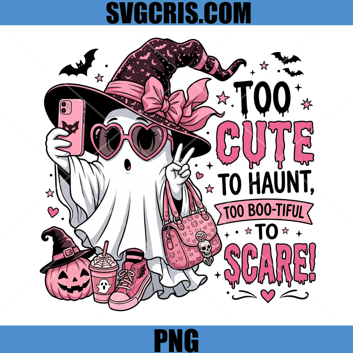 Too Cute To Haunt PNG, Pink Witch Ghost Halloween Art PNG