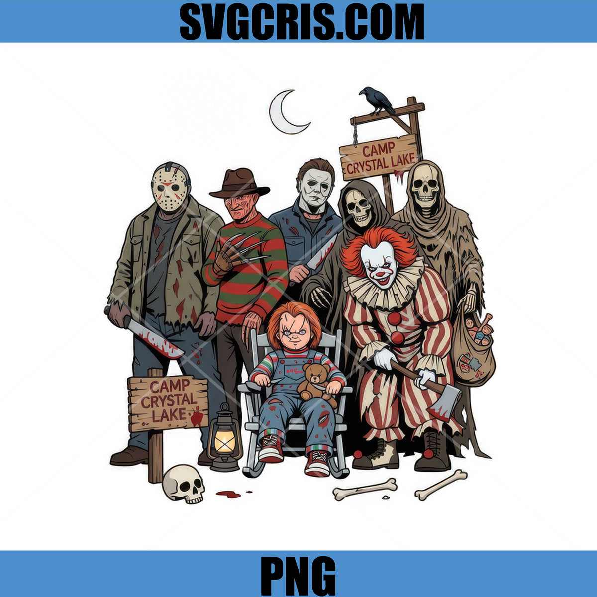 Camp Crystal Lake PNG, Horror Movie Characters Group Art PNG