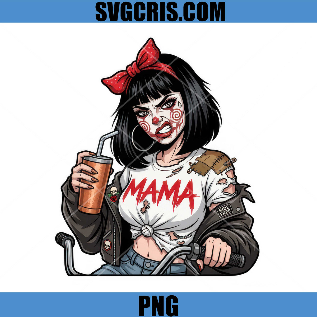 Horror Mama PNG, Creepy Red Bow Biker Halloween Art PNG