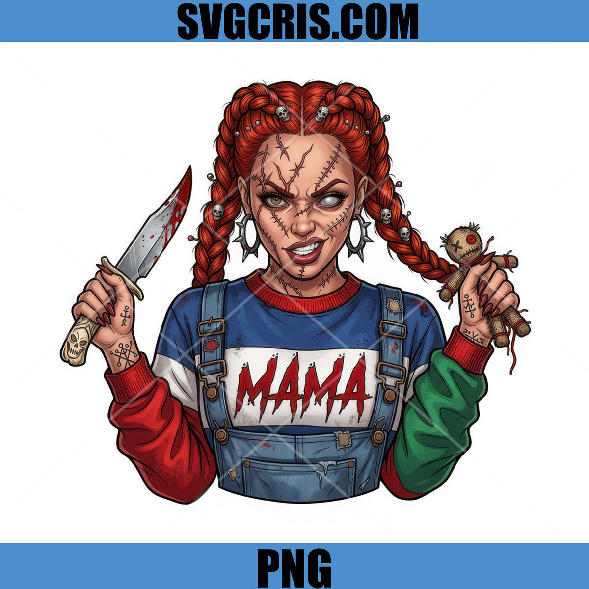 Horror Mama Chucky PNG, Red Hair Horror Doll Knife Halloween Art PNG