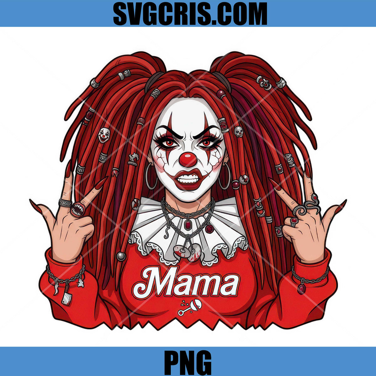 Clown Girl Mama PNG, Red Dreadlocks Horror Halloween Dark PNG