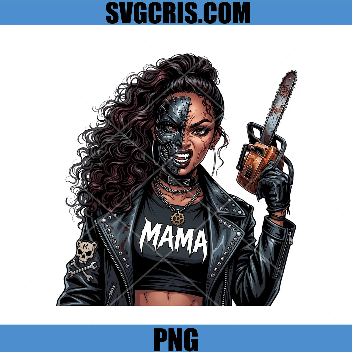 Mama Chainsaw Girl PNG, Horror Biker Woman Halloween PNG